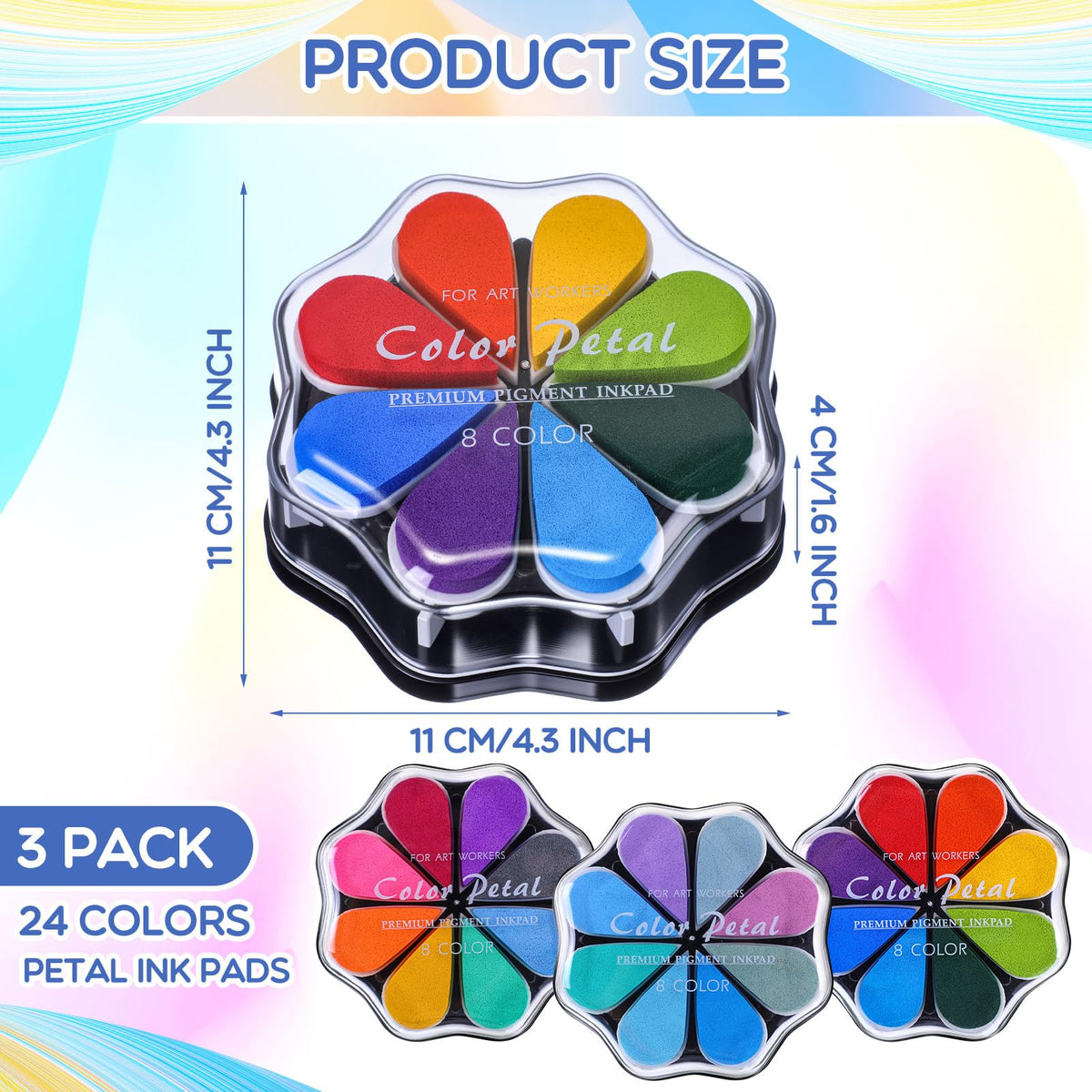 Jetec 3 Pack Petal Ink Pads Finger Ink Stamp, Rainbow Rubber Stamps Washable Waterdrop Shaped Stamp Pads for Card Making, Scrapbook, Painting(Classic 24 Colors,3 Packs)
