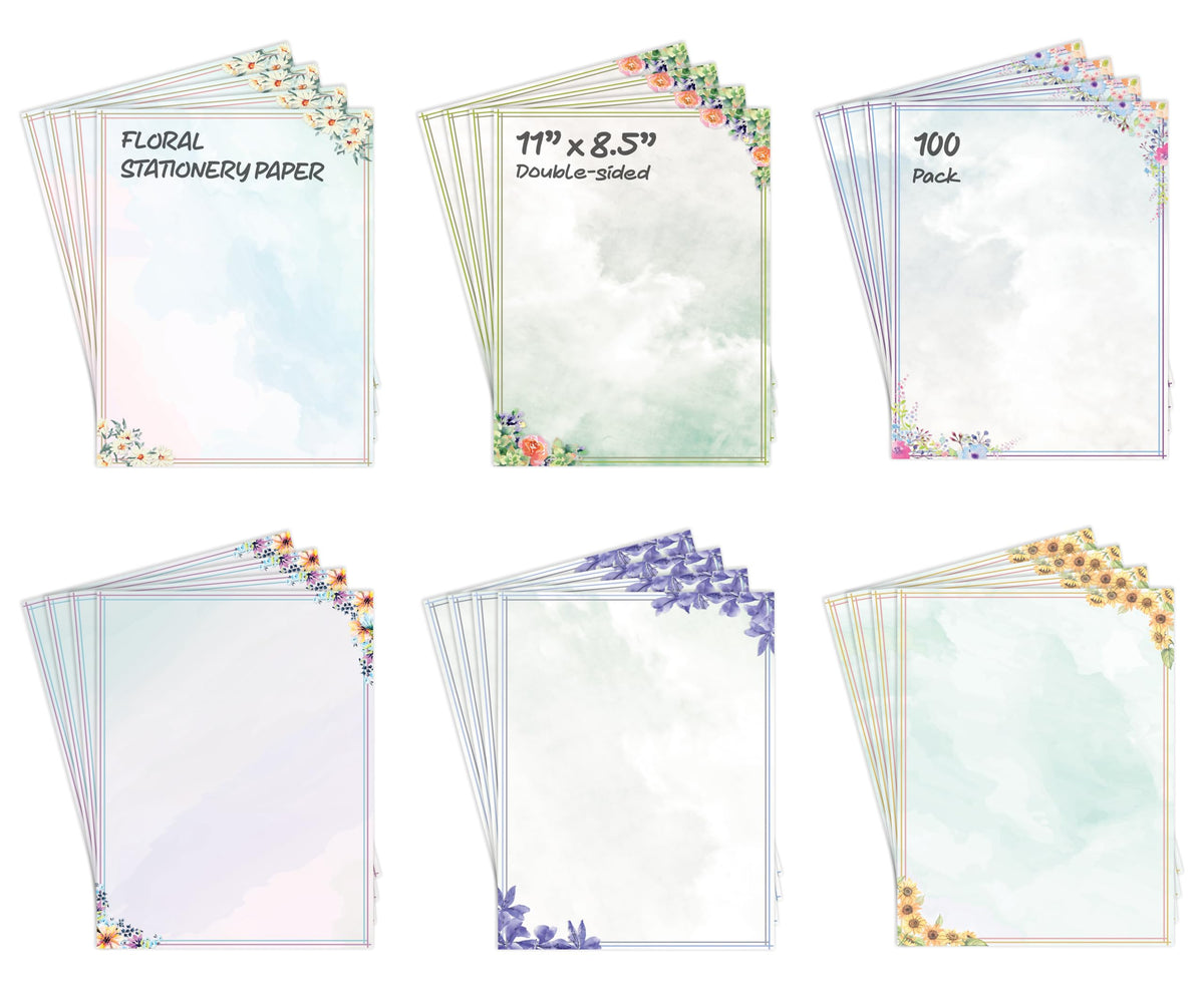 Better Office Products Stationery Paper, 100 Sheets, Floral Letter Writing Stationery, Letter Size 8.5 x 11 inch, 6 Unique Double Sided Designs, 100 Pack