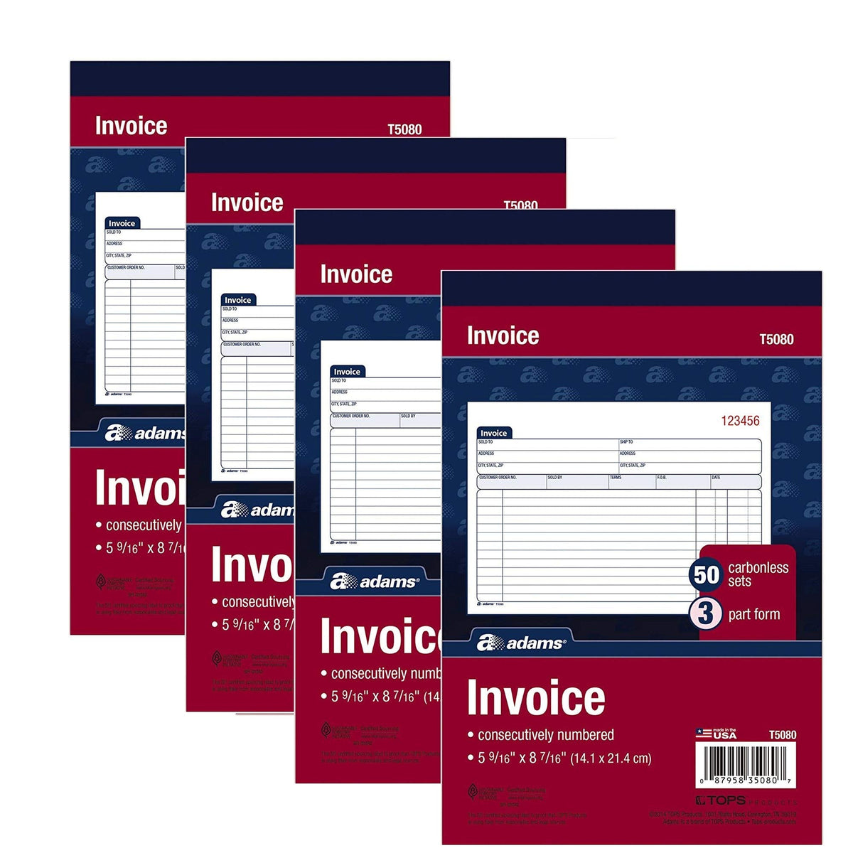 Adams Invoice Book, 3-Part, Carbonless, 5-9/16 x 8-7/16 Inches, 50 Sets per Book (T5080) (4)