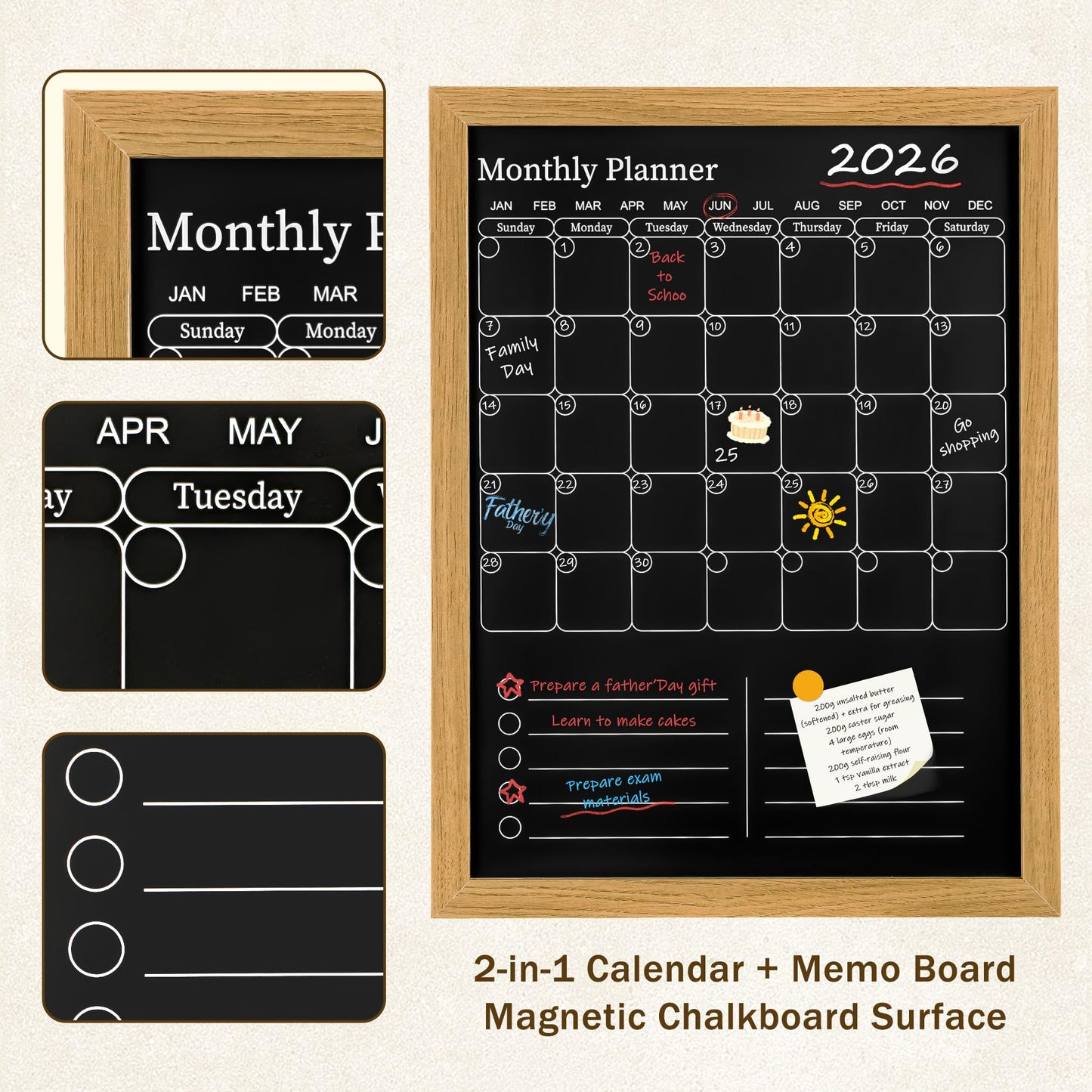 Magnetic Chalkboard Calendar for Wall – 17x13 Monthly Dry Erase Planner with Natural Wood Frame, 2-in-1 Vertical Memo & to-Do Board
