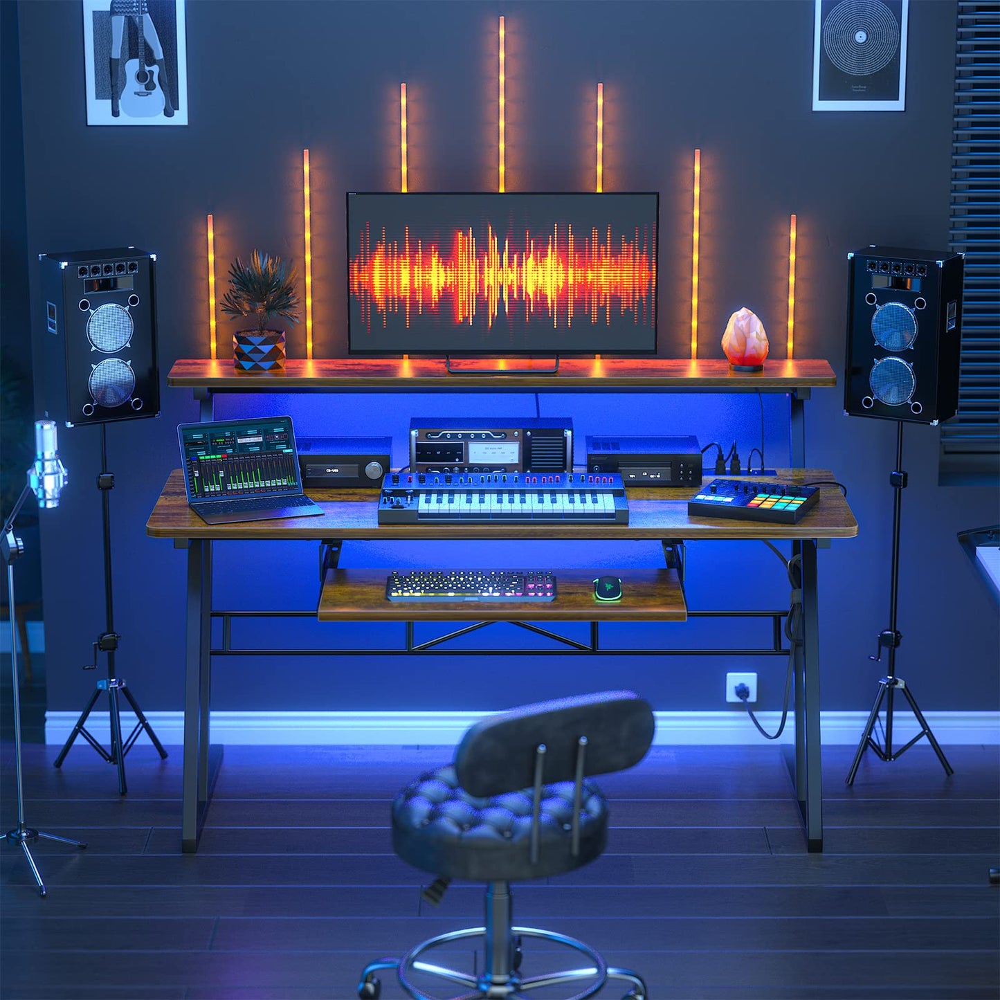 Armocity Music Studio Desk, Music Production Workstation with Power Outlets and RGB LED Lights, Recording Studio Table Desks Music Producer for Home, Rustic Brown