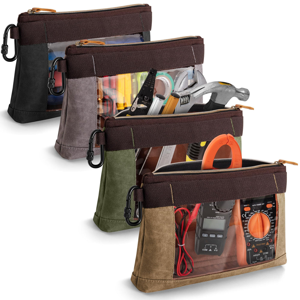 Marscamd 4 Pack Heavy Duty Tool Pouch with Carabiner, 12” Canvas Tool Pouch Bag with Clear Window (4 Colors: Black, Gray, Green, Khaki)