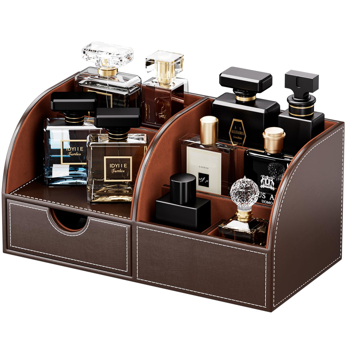 KINGFOM Cologne Organizer for Men, PU Leather Dresser Organizer with Drawer, Countertop Cologne Holder for Watch, Wallet, Keys, Sunglasses, Bathroom Bedroom Nightstand Organizer, Gifts for Men Brown