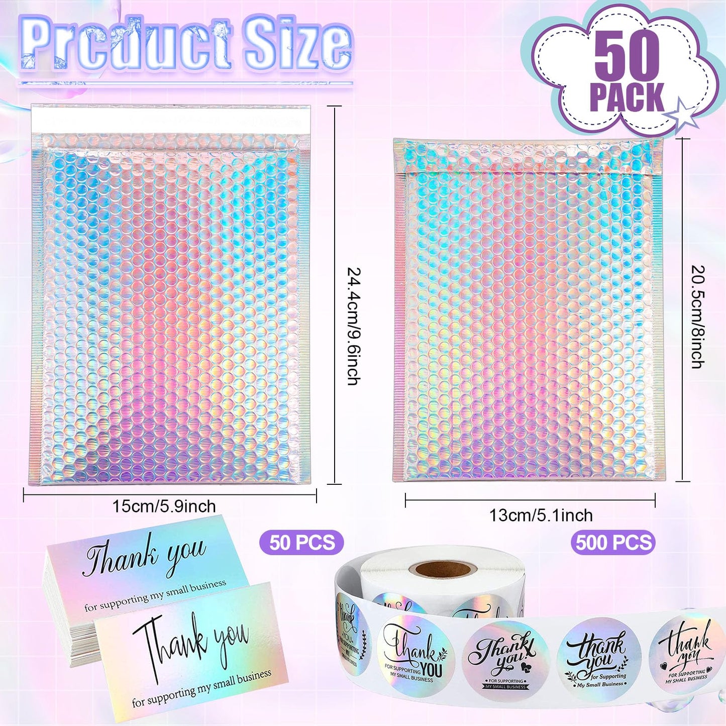 IJRPLM 50 Pcs Metallic Bubble Mailers,Holographic Bubble Mailers 5.9 x 9.6 Inch,Self Seal Waterproof Shipping Bags,Poly Padded Envelopes for Mailing Packaging Small Business