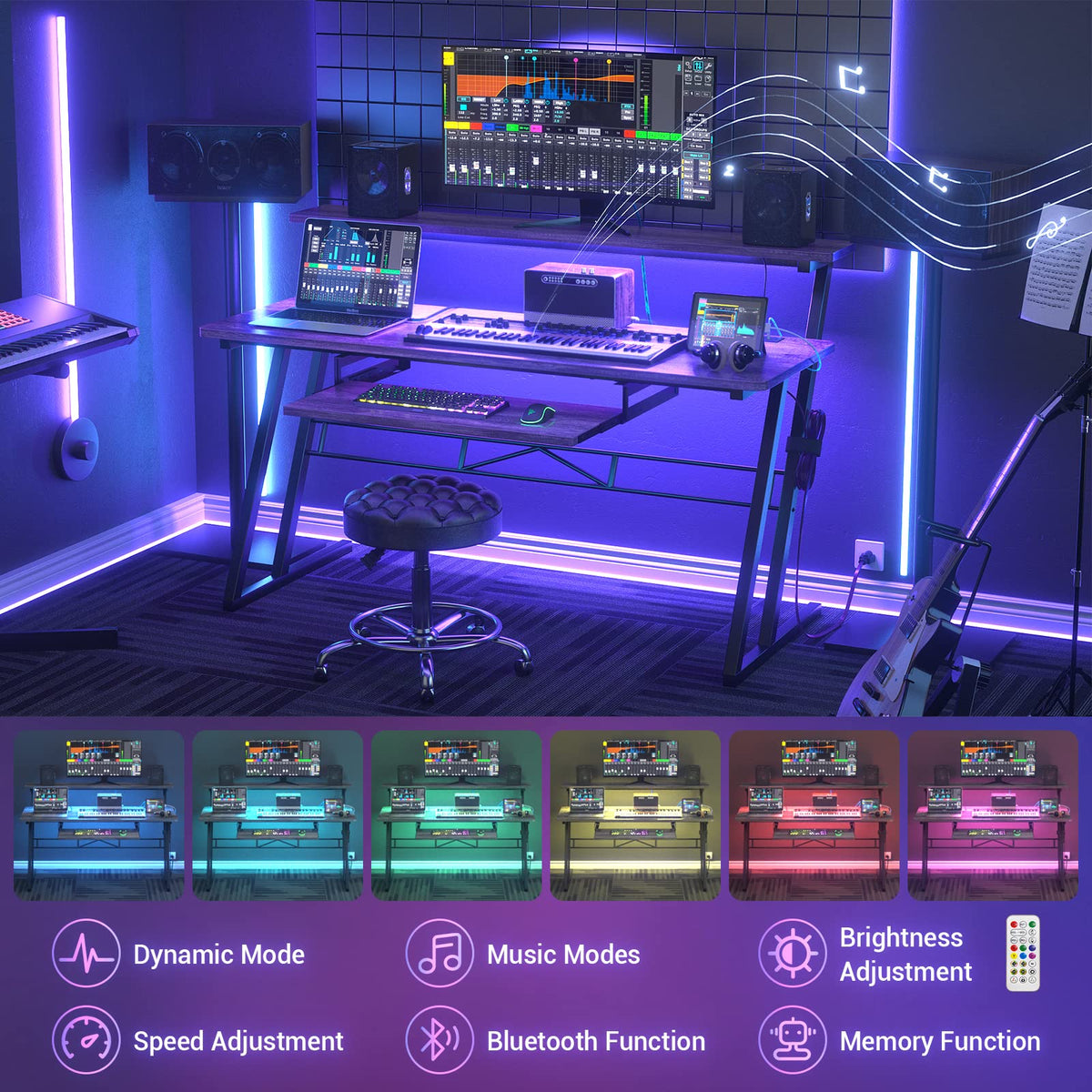 Armocity Music Studio Desk, Music Production Workstation with Power Outlets and RGB LED Lights, Recording Studio Table Desks Music Producer for Home, Grey Oak