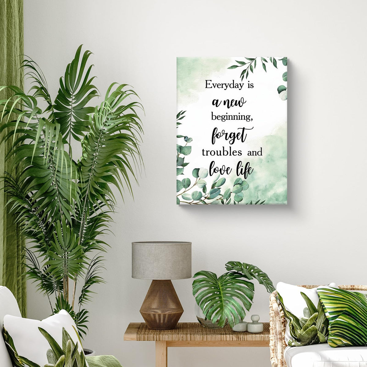 Framed Inspirational Wall Art –Botanical Canvas Print posters, Green Leaf Painting pictures for Bedroom, Living Room, Bathroom, Office, Motivational Quote Picture, Ready to Hang 12x16Inch