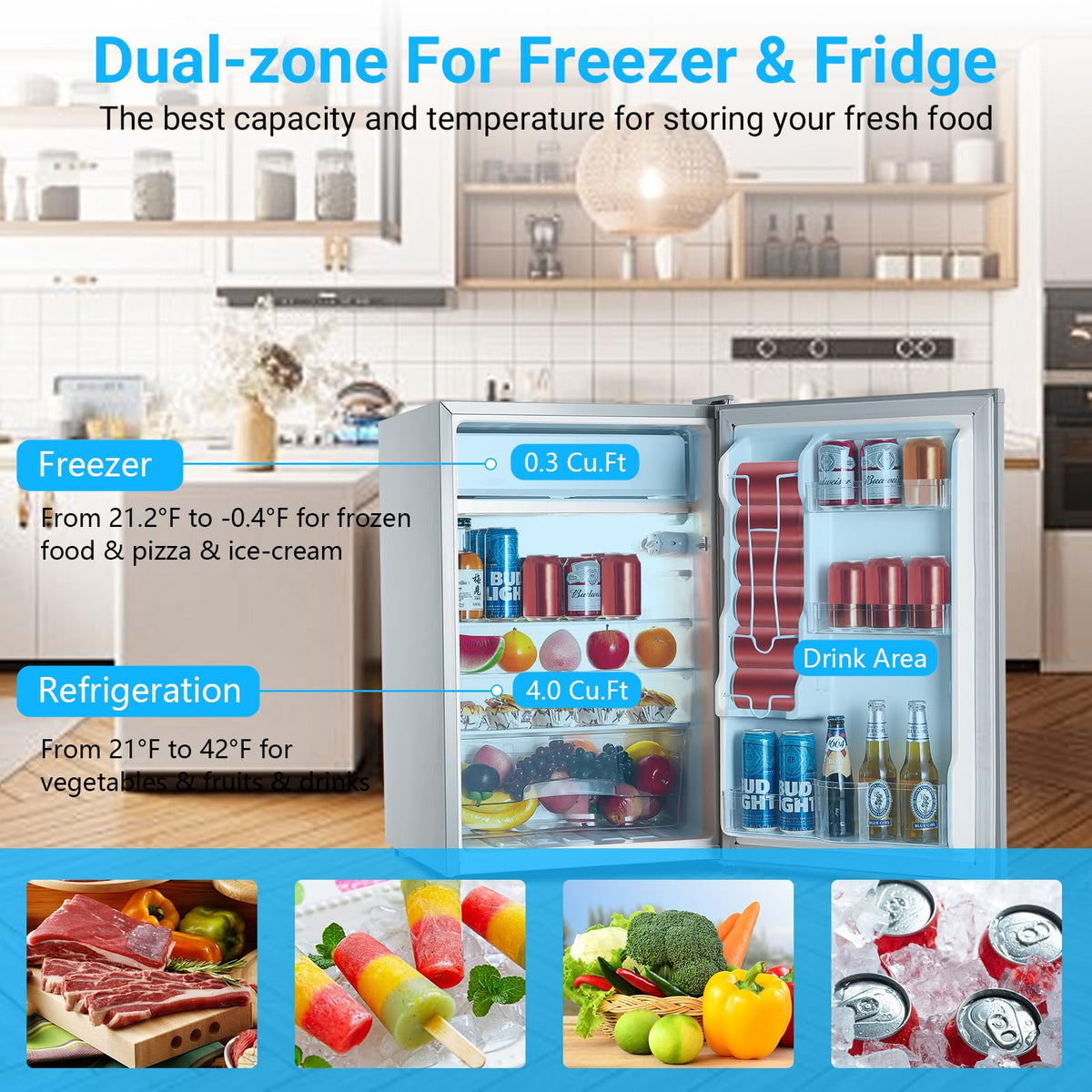 MegaChoice 4.3 Cu.ft Mini Fridge with Freezer, Compact Refrigerator with 7-Level Temperature Control, Single Door Design, Removable Glass Shelves and Crisper Drawer for Bedroom, Dorm, Office, White