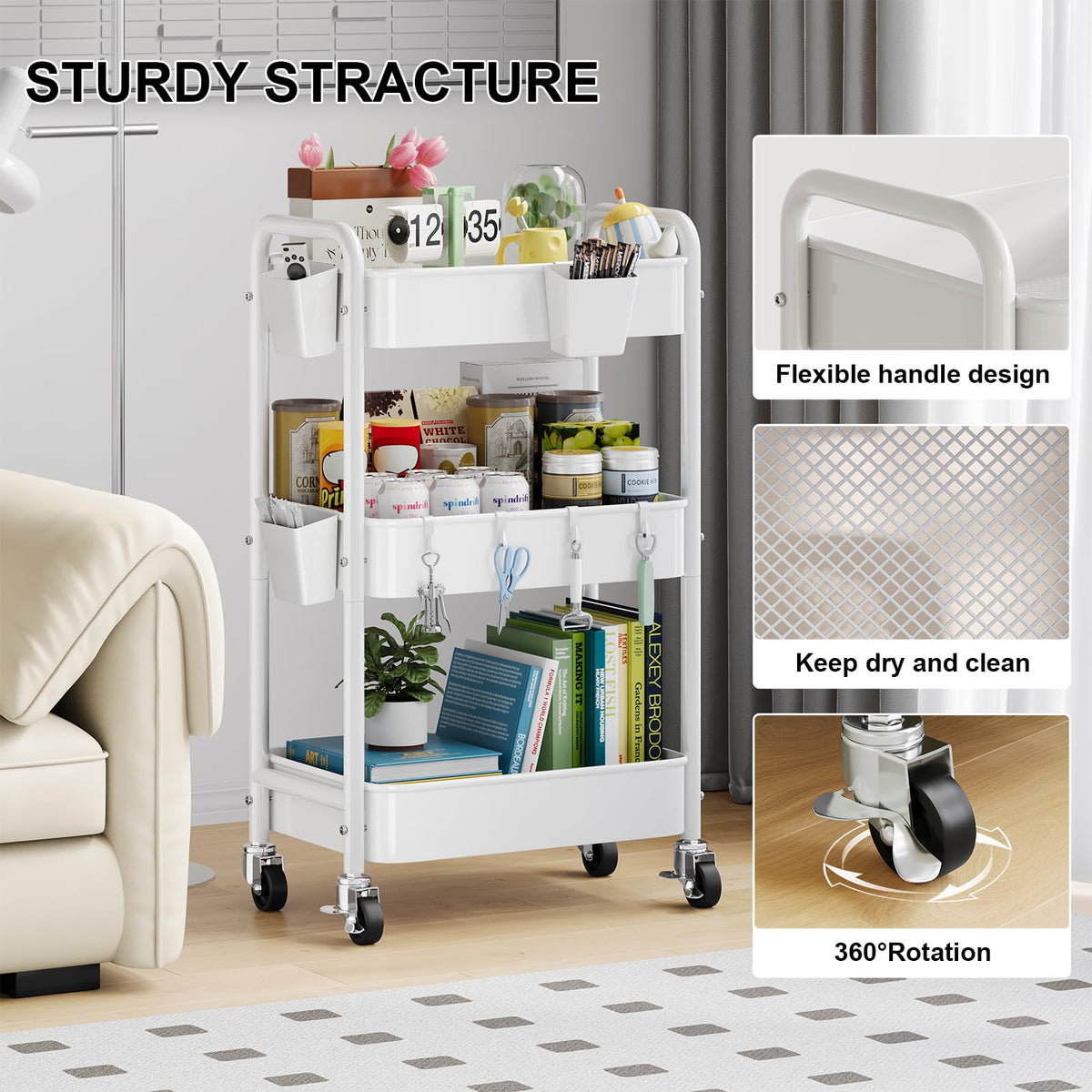 3 Tier Rolling Cart Metal with Wheels, White Three Tiered Craft Cart Organizer on Wheels, Storage Utility Carts for Art, Baby Nursery,Diaper Caddy, Cleaning Supplies, Nail,Lash,Snack,Book,Roller Shelf