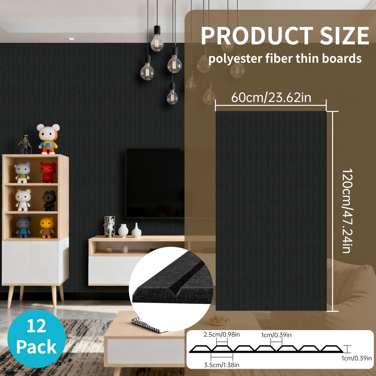 EVERECO 12 Pack Large Acoustic Panels, 47.2×23.6×0.4 inches, Soundproof Panels for Wall, Suitable for Media Room, Office, Studio&Home(Black)