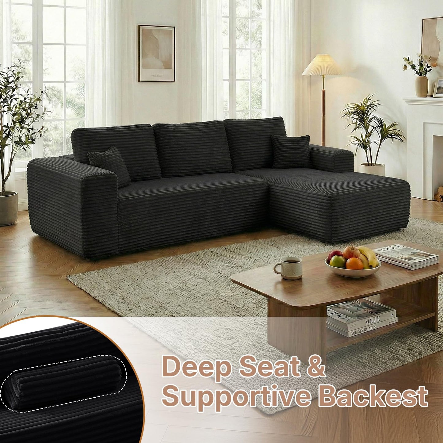 Yafylly 104'' Boneless L-Shaped Sectional Sofa with Throw Pillow & Side Pockets – No Assembly Compressed Modular Couch, Memory Foam Deep Seat for Living Room, Bedroom, Black (Right Facing)