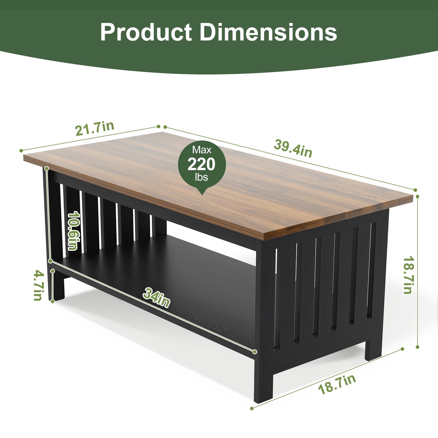 YOSHOOT 39.4" Farmhouse Coffee Table - Coffee Tables for Living Room, Small Coffee Table with Storage, Center Table for Living Room, Bedroom, Office, Black