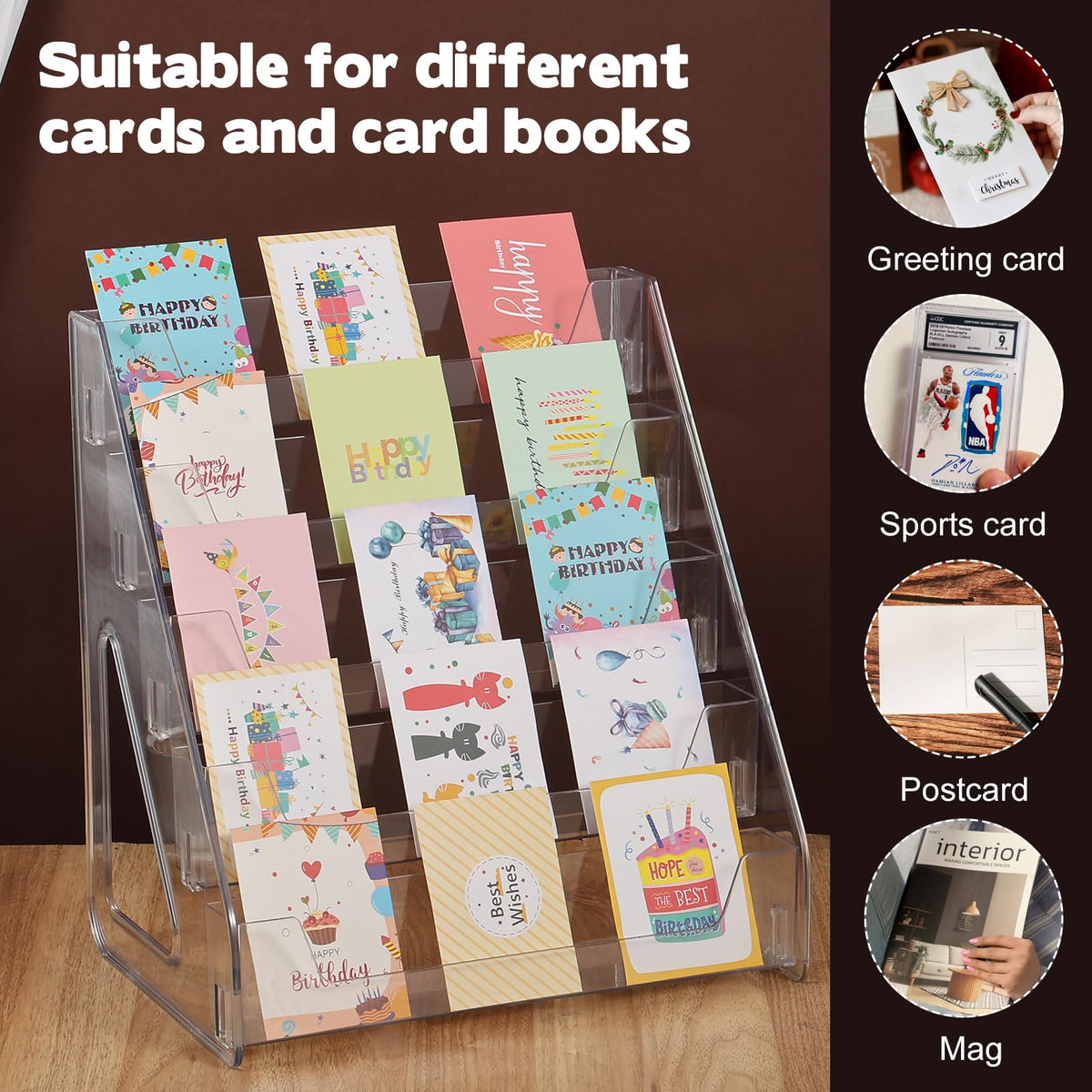 Hlimior 5 Tier Acrylic Card Display Stand(Tall Height), Clear Display Shelf Desktop for Trading Cards, Sports Cards, Greeting Card, Stickers & Brochures, Easy Clip-On Design