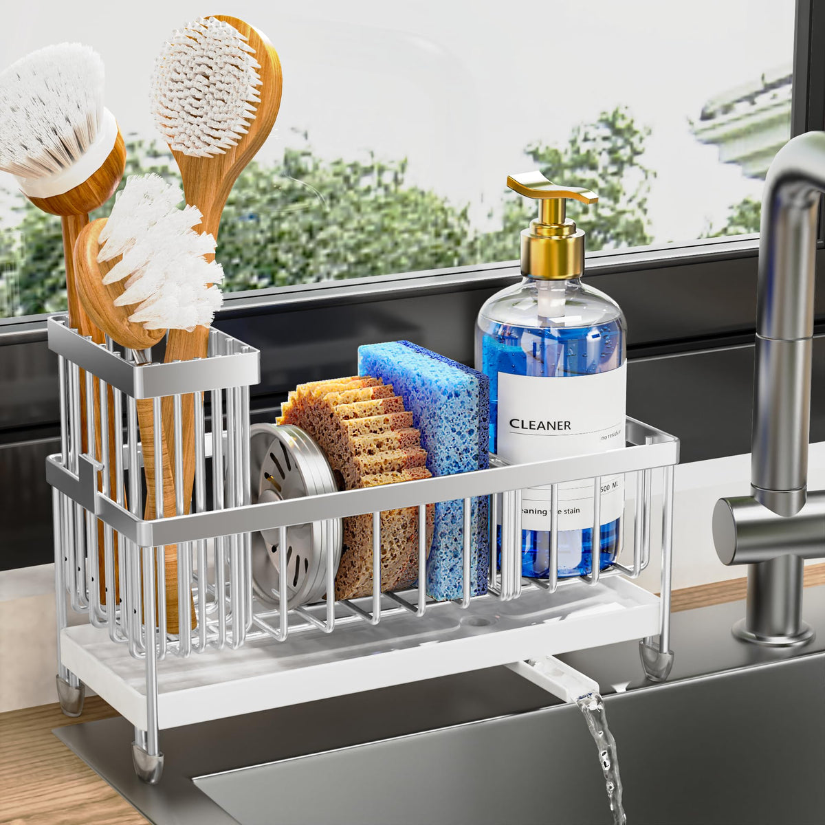 Cisily Sponge Holder for Kitchen Sink, Sink Caddy Organizer with High Brush Holder, Kitchen Countertop Organizers and Storage Essentials, Rustproof 304 Stainless Steel (Silver, 9.25″)
