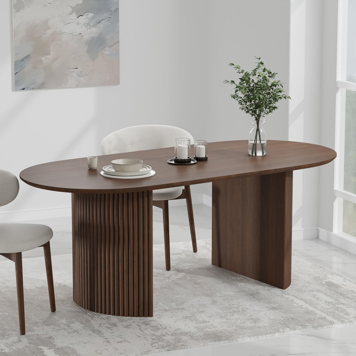 Casaphoria 79" Oval Dining Table with Fluted Pedestal Base, Mid-Century Modern Wood Kitchen Table for 6-8 Persons, Large Executive Desk for Home Office, Solid Walnut Finish