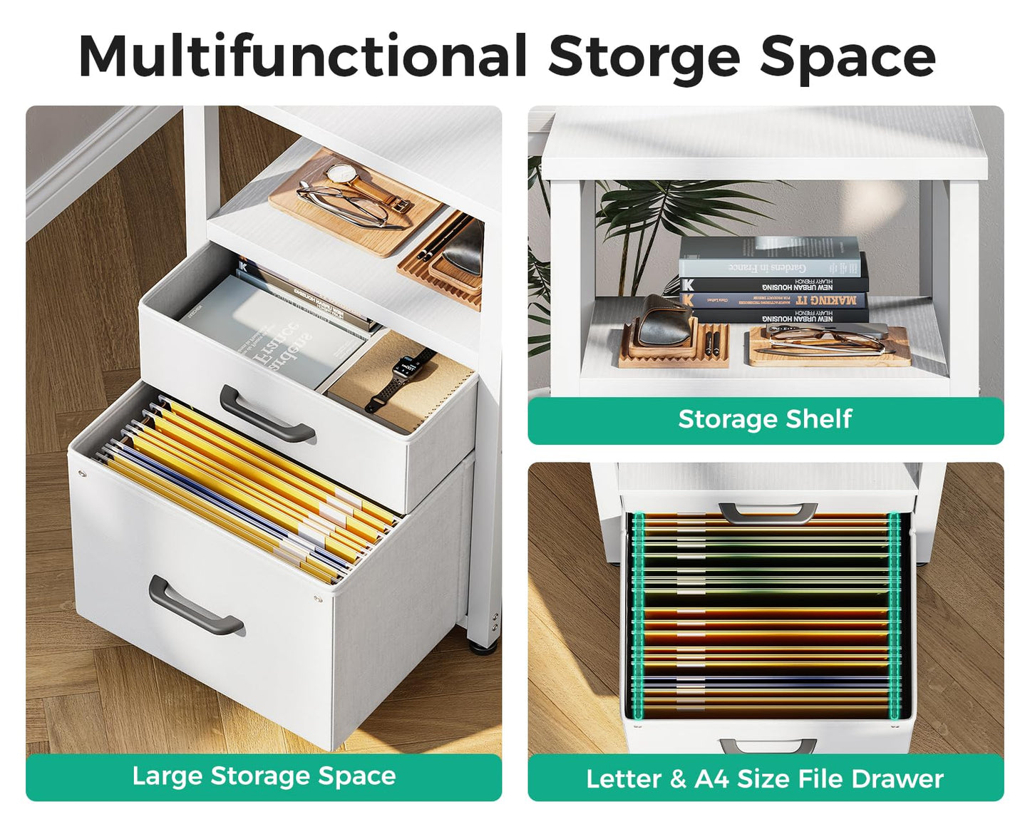 Coleshome L Shaped Computer Desk with 6 Drawers & Power Outlet, 55 Inch Corner Desk with Reversible Storage Shelf & File Drawer, Home Office Desk, White