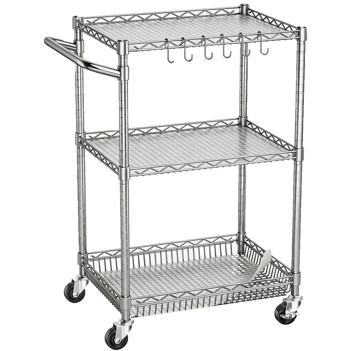 3 Tier Rolling Utility Metal Carts with Wheels NSF Heavy Duty Storage Cart 750Lbs Capacity Adjustable Kitchen Cart with Handle & Shelf Liner Commercial Service Trolley for Indoor & Outdoor Use
