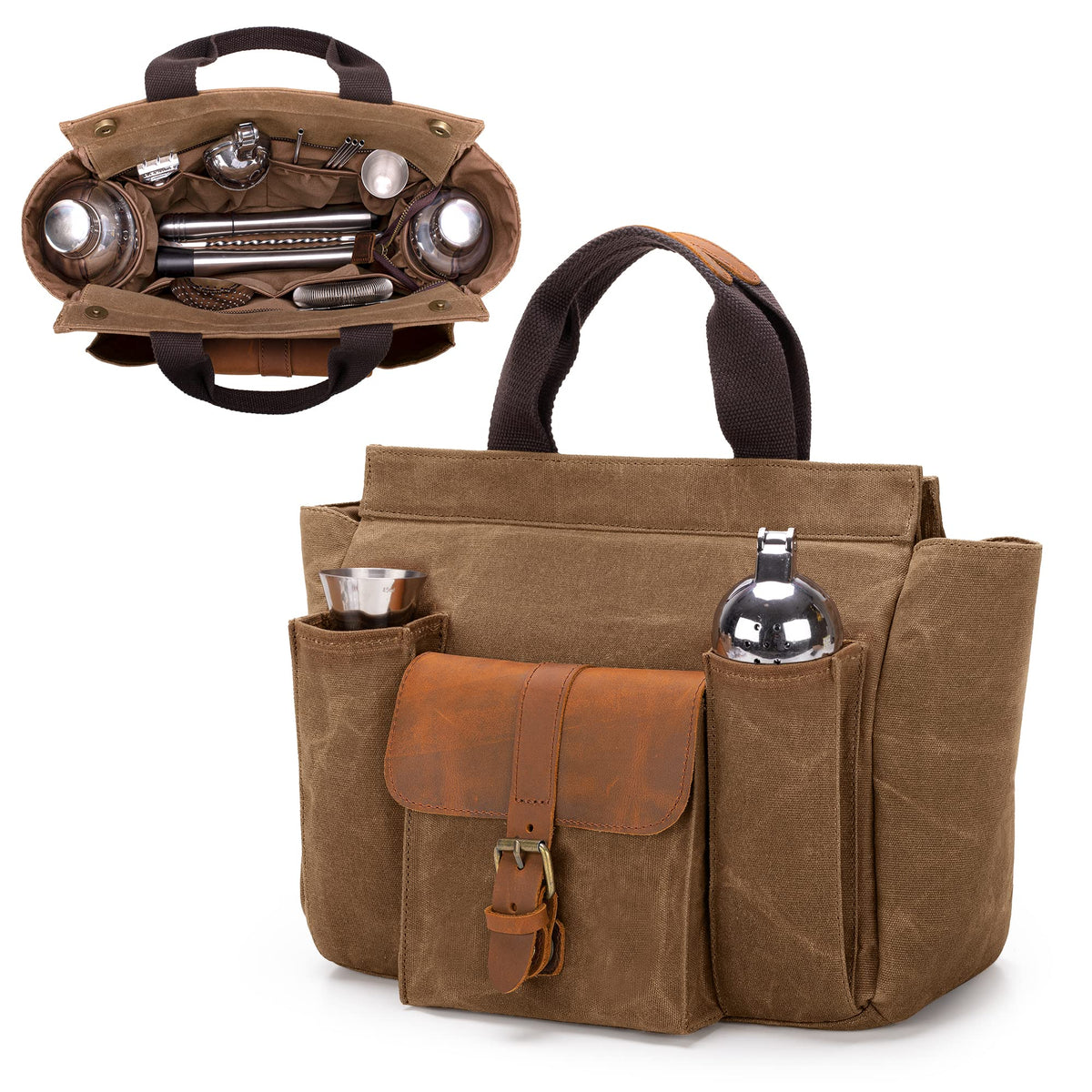 LoDrid Tote Bartender Bag, Genuine Leather Waxed Canvas Portable Carrying Cocktail Shaker Kit Bag with Handle for Travel Home Indoor Outdoor Party (Bag Only)(Patent Design)