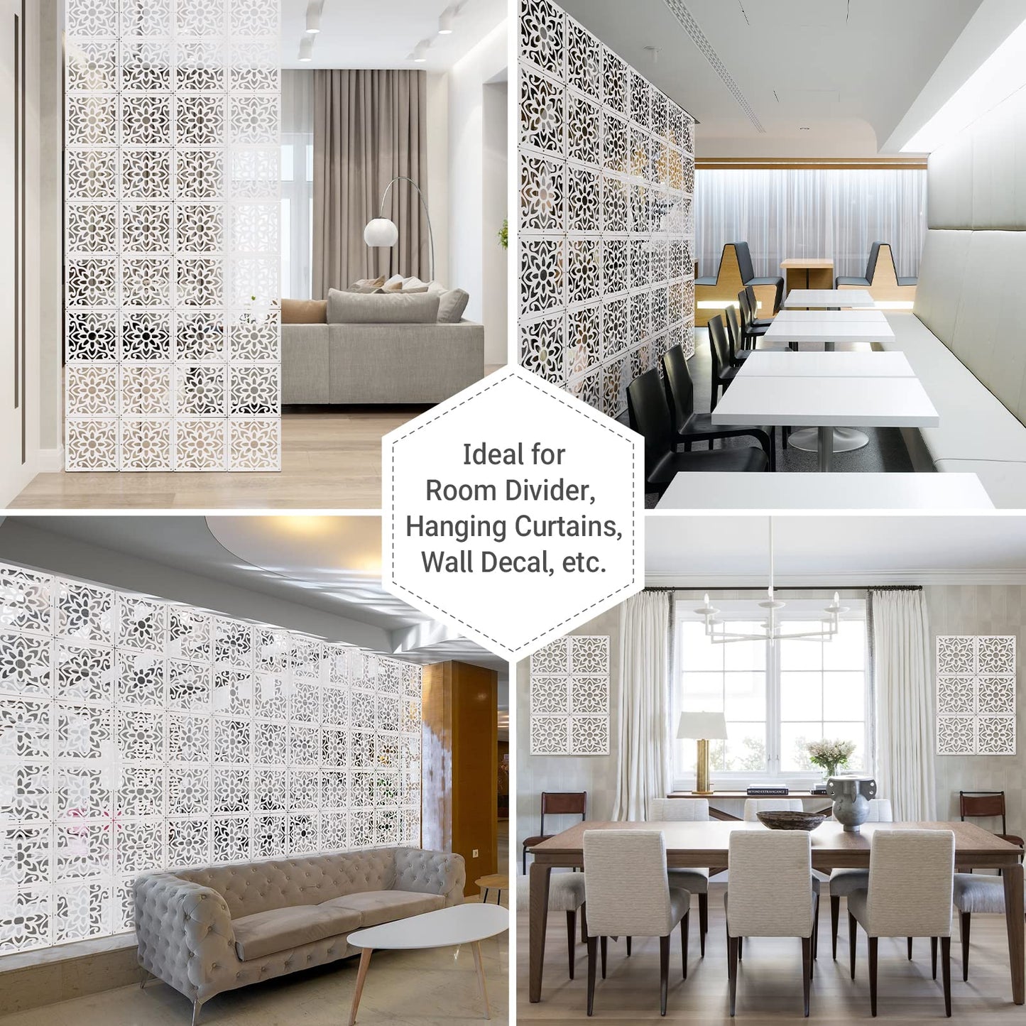 ANMINY 12 PCS Hanging Room Divider Decorative Thick Wall Screen Panels Floral Carving Pattern Hollow Out Design for Bedroom Living Dining Room Kitchen Office Restaurant Home Hotel Decor - White Flower