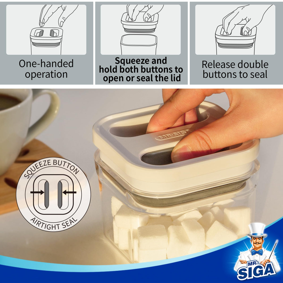 MR.SIGA 4 Pack Airtight Food Storage Container Set, BPA Free Kitchen Pantry Organization Canisters, One-handed Airtight Cereal Snack Candy Storage Containers, 360ml / 12.2oz, Small, White
