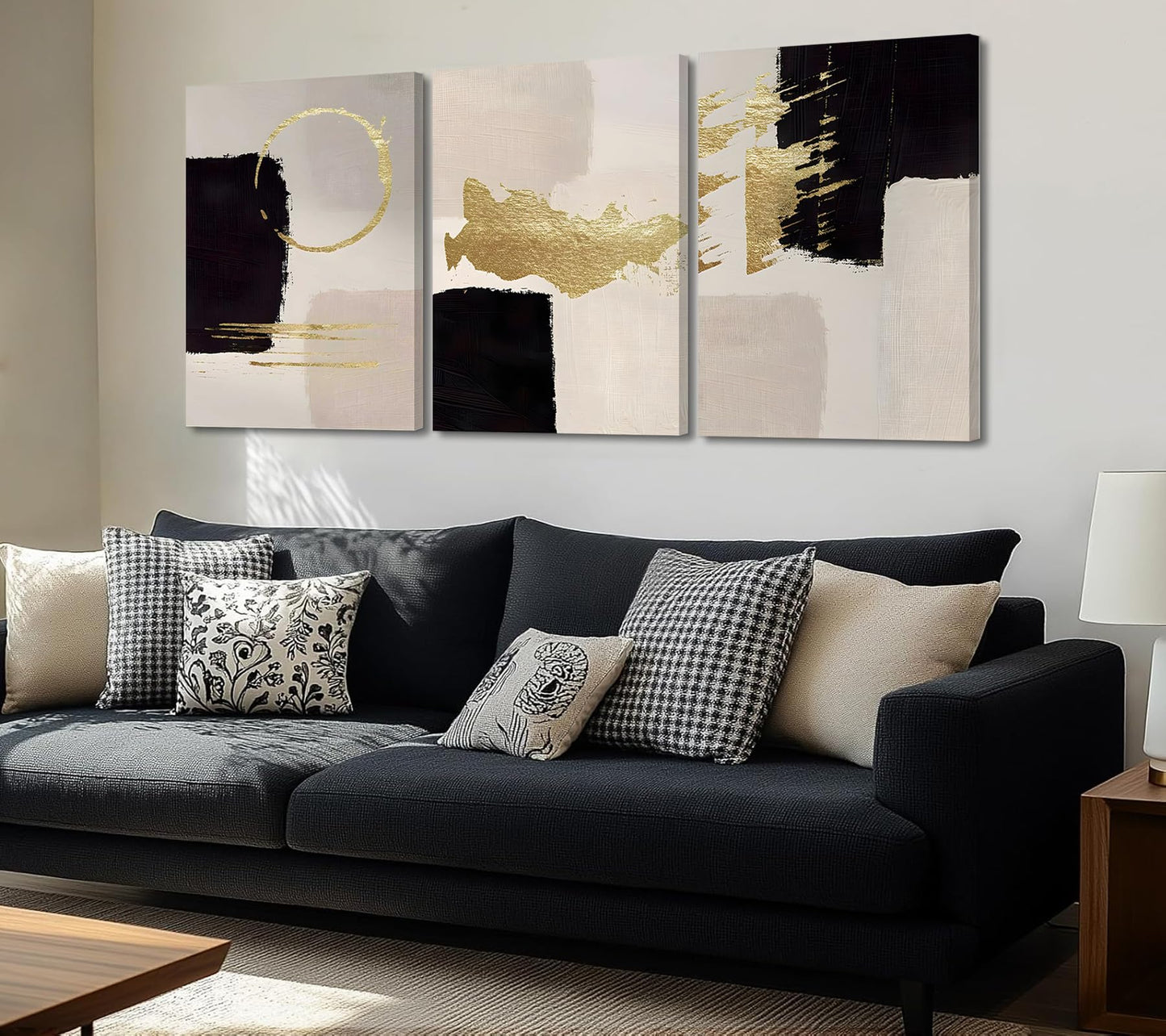 3Pcs Black and White Abstract Canvas Wall Art, Minimalist Black Beige Gold Painting Pictures Wall Decor, Modern Posters Print Artwork, for Living Room Bedroom Office Decoration, 16x24in Framed