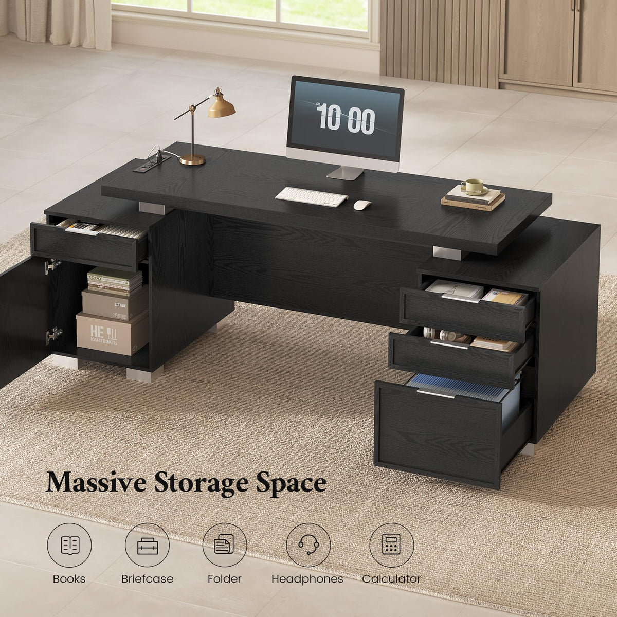ANGRYWIN 80.6" Executive Desk with Power Outlet and File Drawer, Modern Home Office Desk with 3 Large Cabinets and Privacy Panel, Business Furniture for Home Office, Living Room, Black