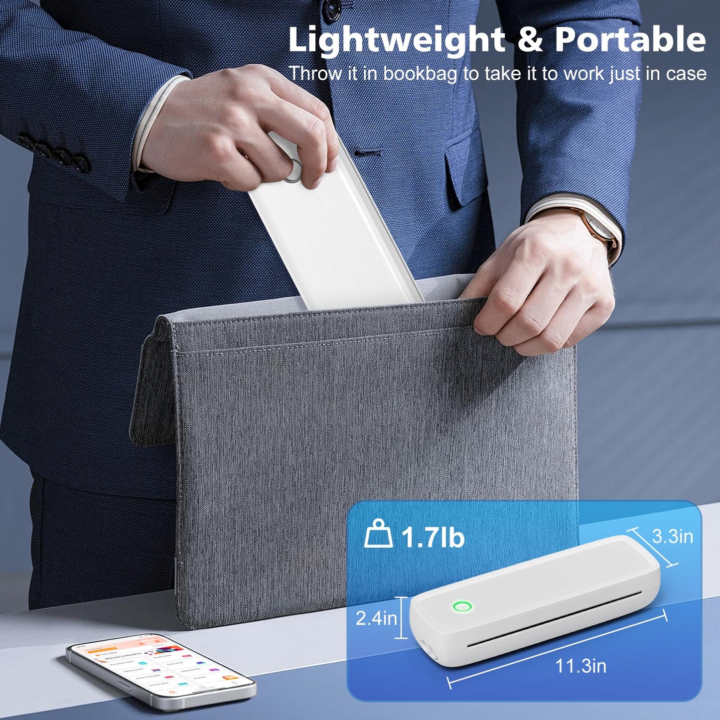 MinZhi Inkless Portable Printer for Travel, Wireless Printer Supports 8.5 x 11 Inch Thermal Paper, Bluetooth Machine Includes 3 Rolls of Thermal Paper Set