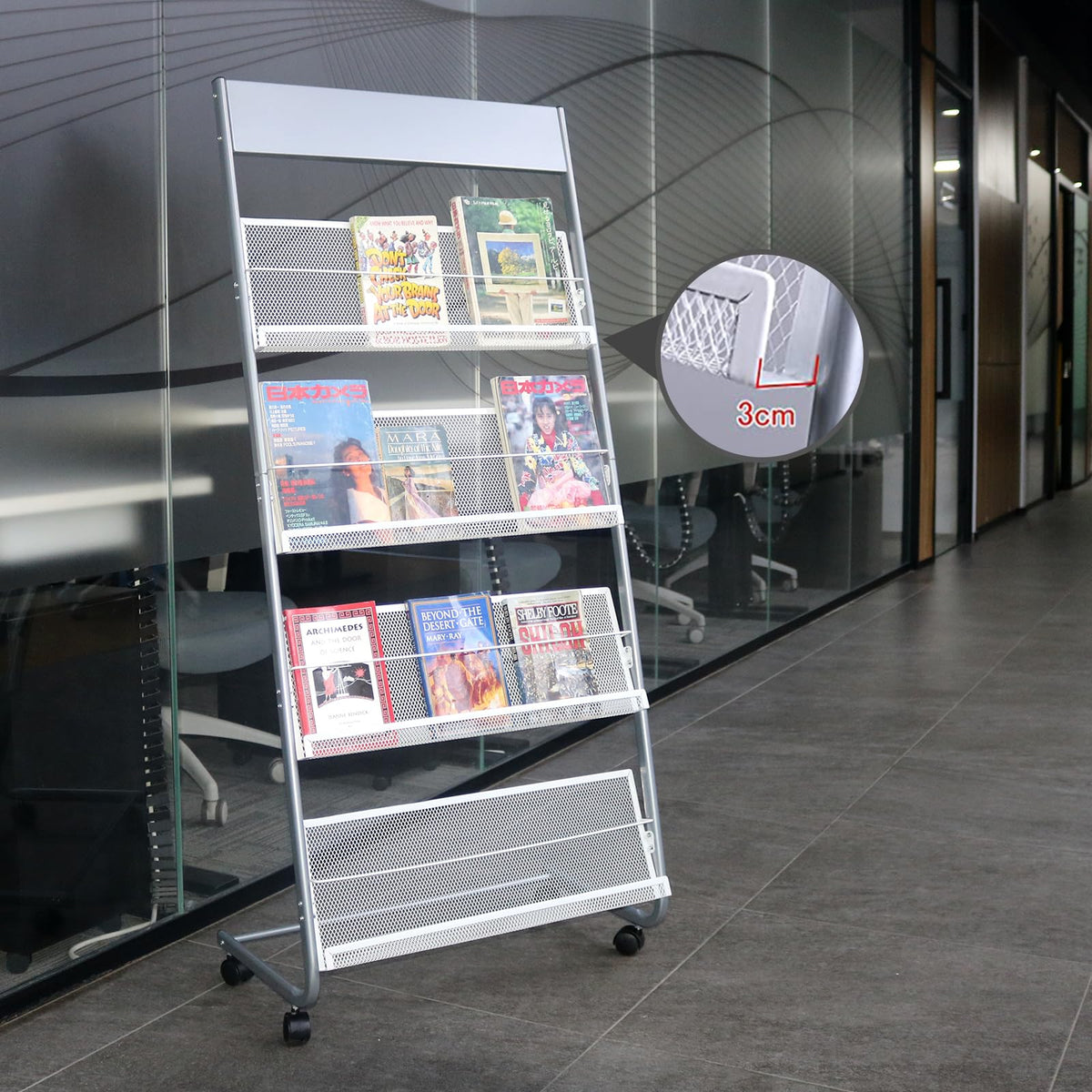 Vmsiuory 4-Layer Iron Magazine Rack with Wheels, Newspaper Rack, Display Rack, Silver (63)