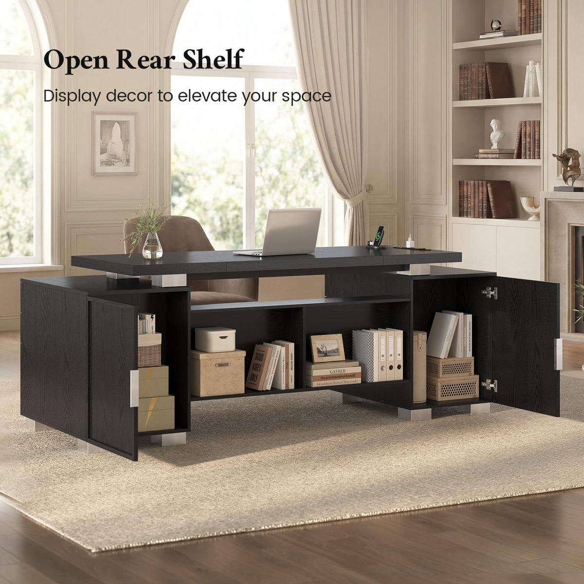 ANGRYWIN 80.6" Executive Desk with Power Outlet and File Drawer, Modern Home Office Desk with 3 Large Cabinets and Privacy Panel, Business Furniture for Home Office, Living Room, Black