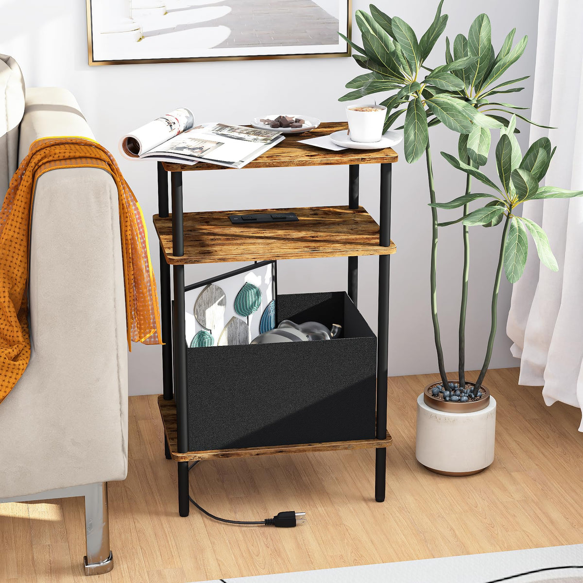 Newmics Small Side Table with Charging Station, End Table for Small Spaces, Slim Nightstand with Outlet,Sofa Beside Table, 3-Tier Storage Shelf,Living Room, Bed Room, Rustic Brown