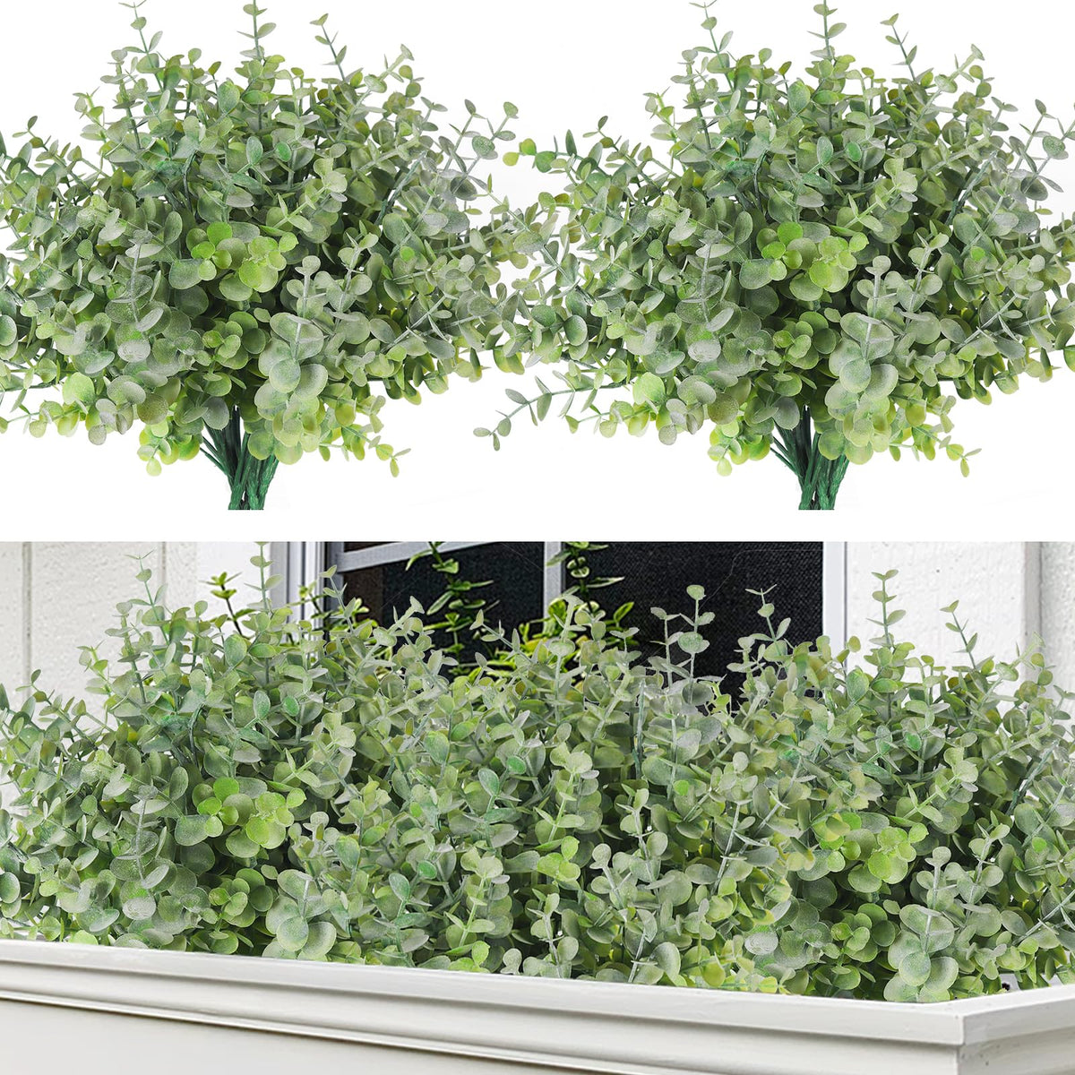 RECUTMS 8 Bundles Artificial Greenery Plants Stems Outdoor Fake Eucalyptus Plants Boxwood Bushes for Spring Farmhouse Bathroom Office Vase Centerpiece Indoor Easter Decoration(Dusty Green)