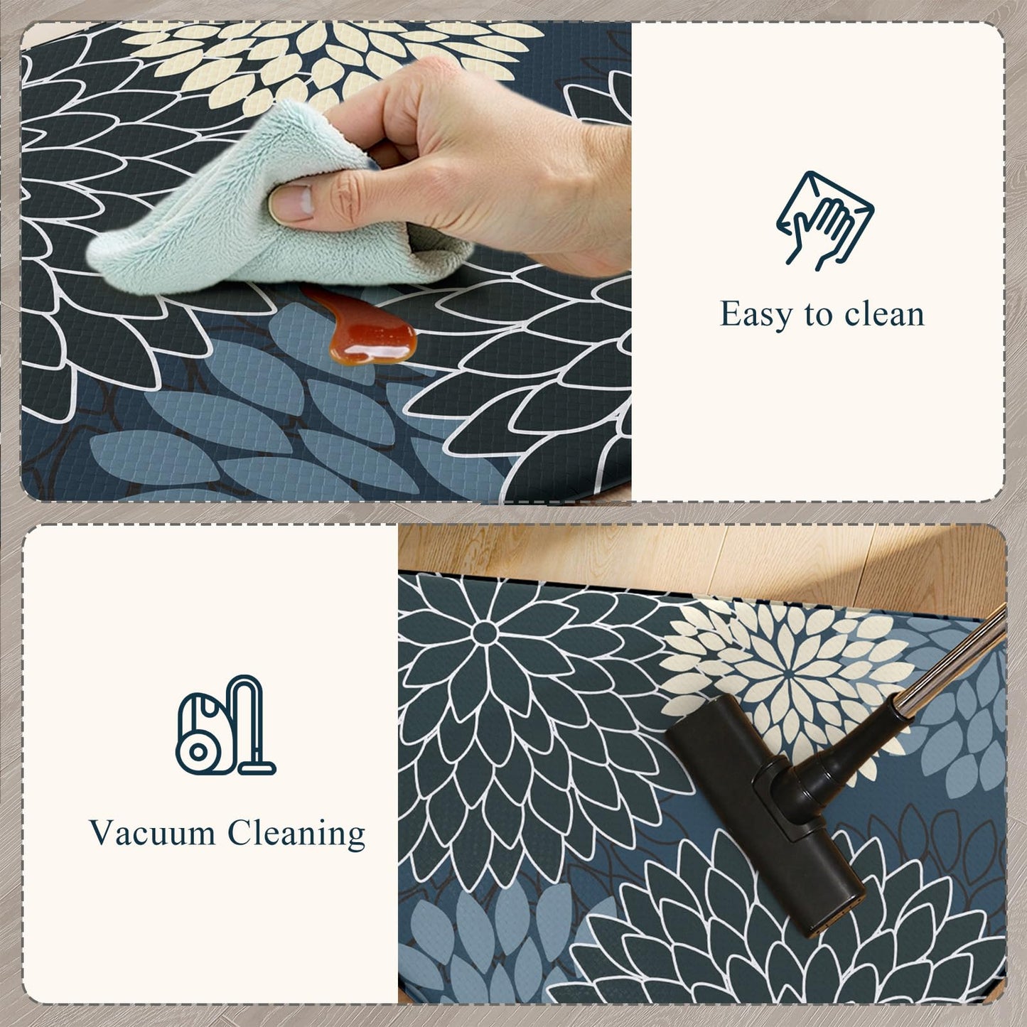 KIMODE Half Circle Kitchen Mats for Floor Cushioned Anti Fatigue,Semi Round Floral Boho Kitchen Rug Non Slip,Waterproof Kitchen Carpet Decor for Sink Laundry Bathroom,Blue Multi