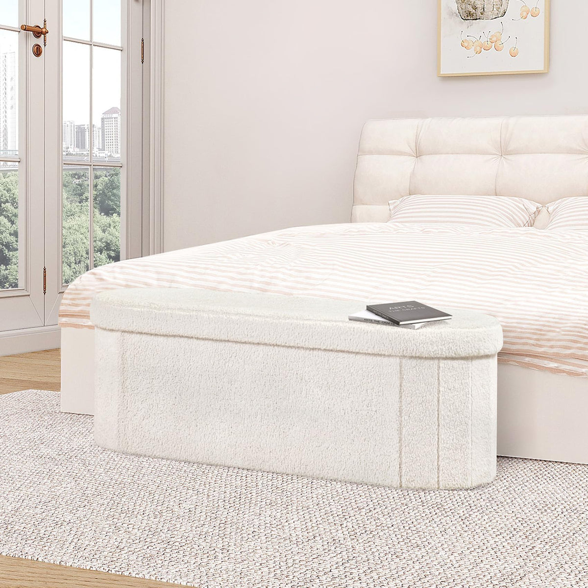 B FSOBEIIALEO Ottoman with Storage for Living Room, Sherpa Folding Storage Ottoman Foot Rest, 43.3 Inches Collapsible Bedroom Bench White