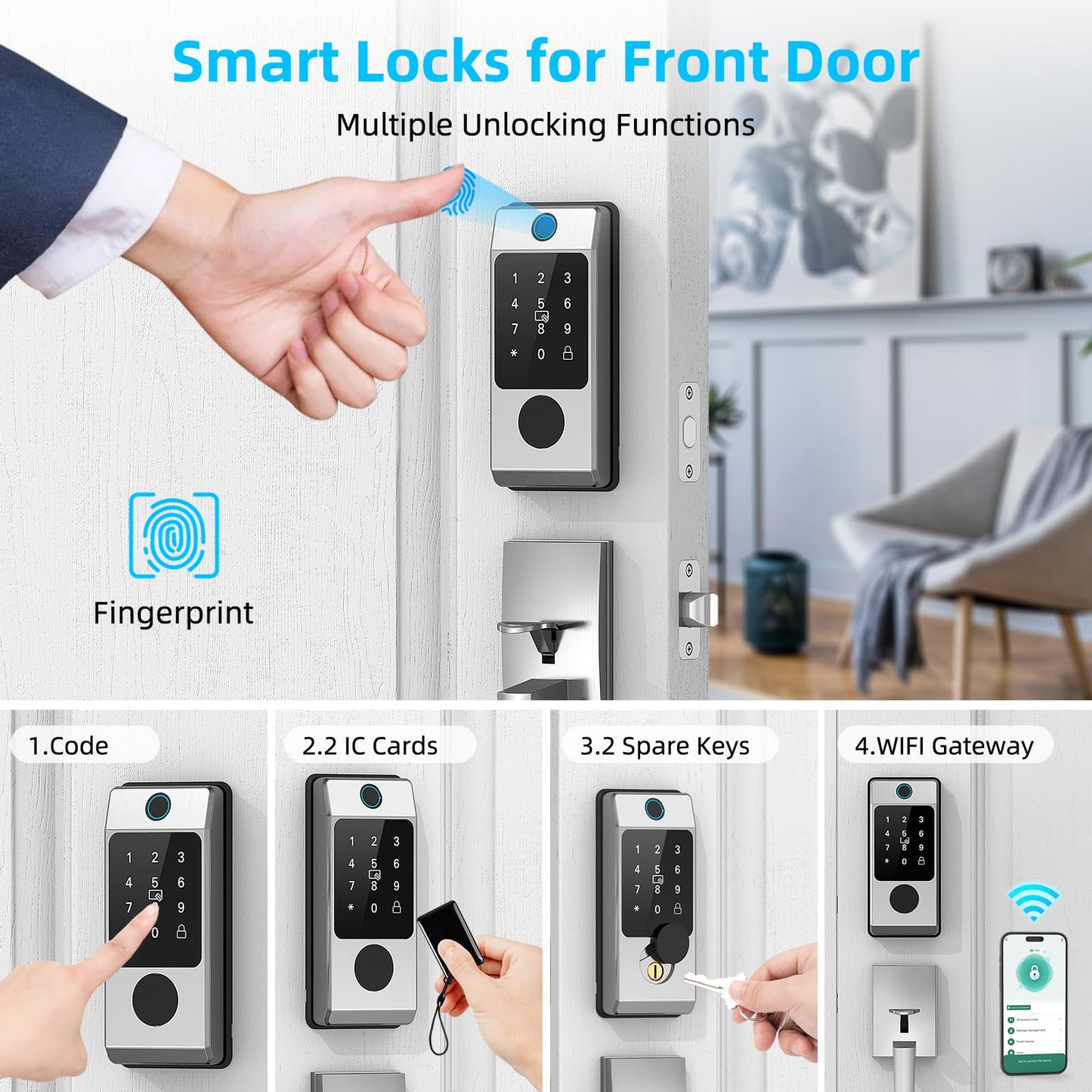 WiFi Front Door Lock Set with Handle, Featuring Fingerprint Keyless Entry, Smart Keypad with Lever Handles, Electronic Screen + WiFi Gateway, App Control, Auto-Lock, and Voice Control-Silver