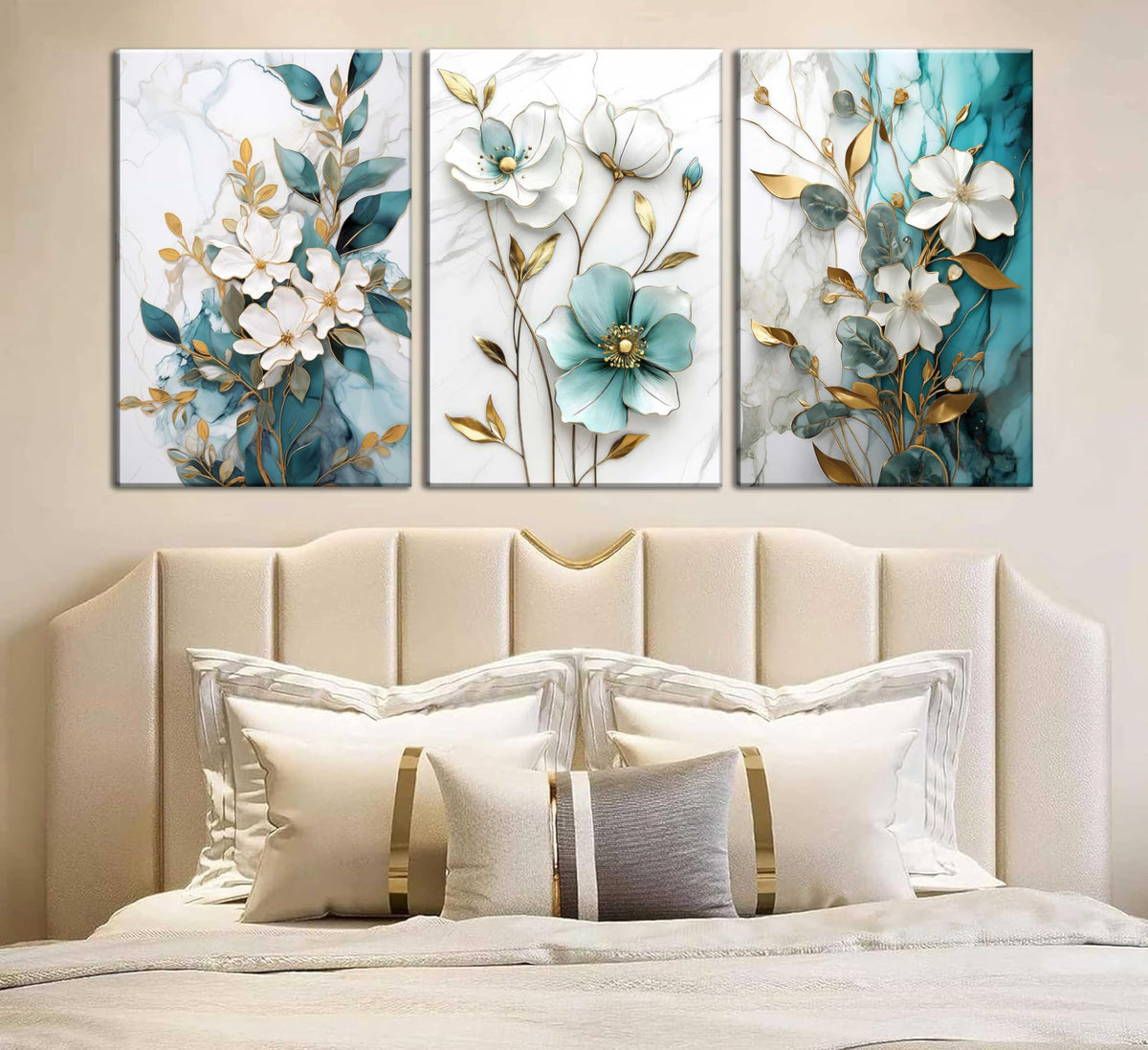 3Pcs White Gold Flower Canvas Wall Art Modern Luxury Blue White Gold Abstract Marble Floral Botanical Painting Picture Wall Decor Poster Print Artwork for Living Room Bedroom Home Decoration