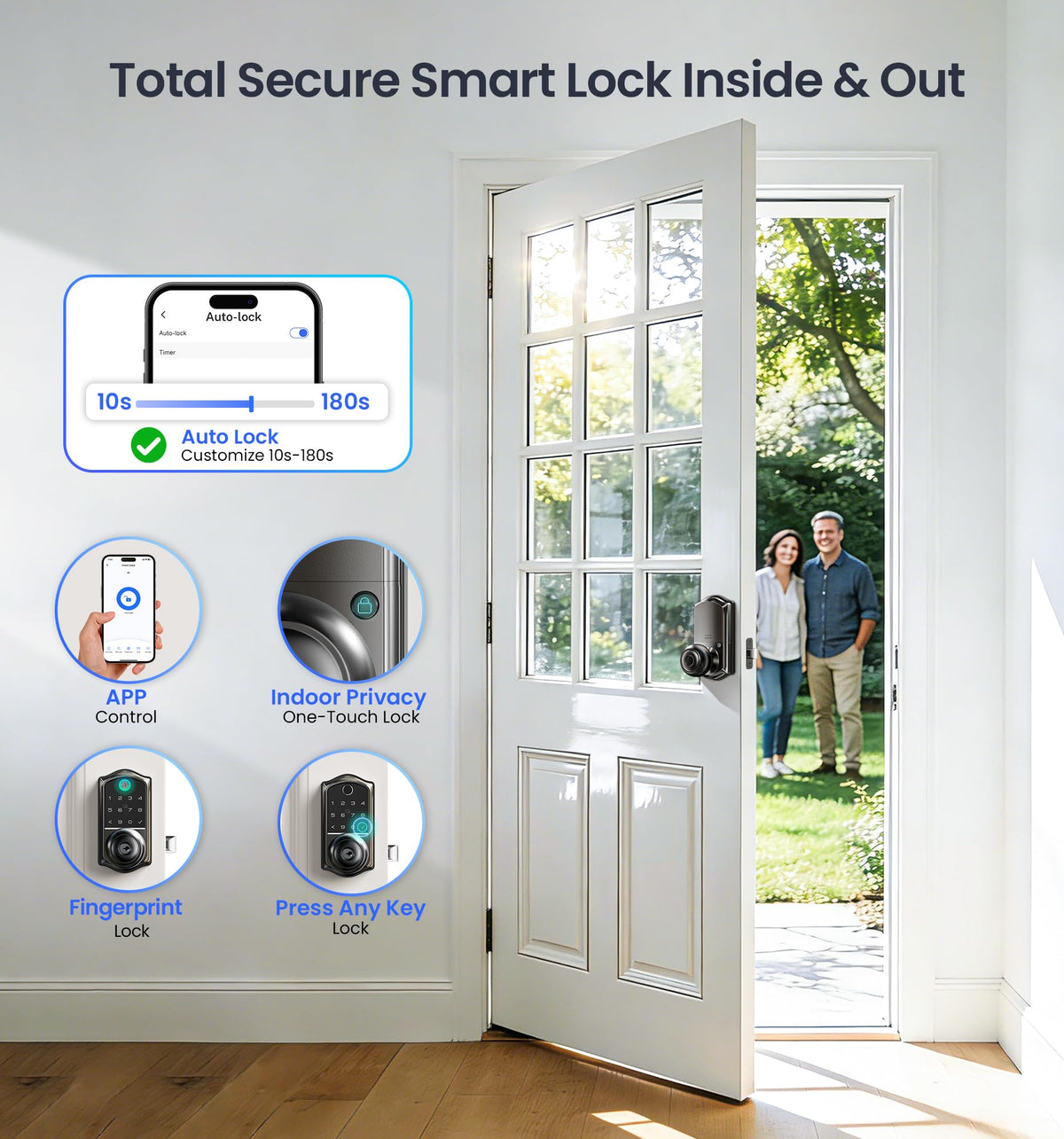 Veise VE018 Smart Knob Handle Lock - Fingerprint, App Control, Keyless Entry for Front Door and Bedroom, Electronic Digital Keypad, Auto Lock, Remote Access Sharing, IP55 Weatherproof, Matte Black