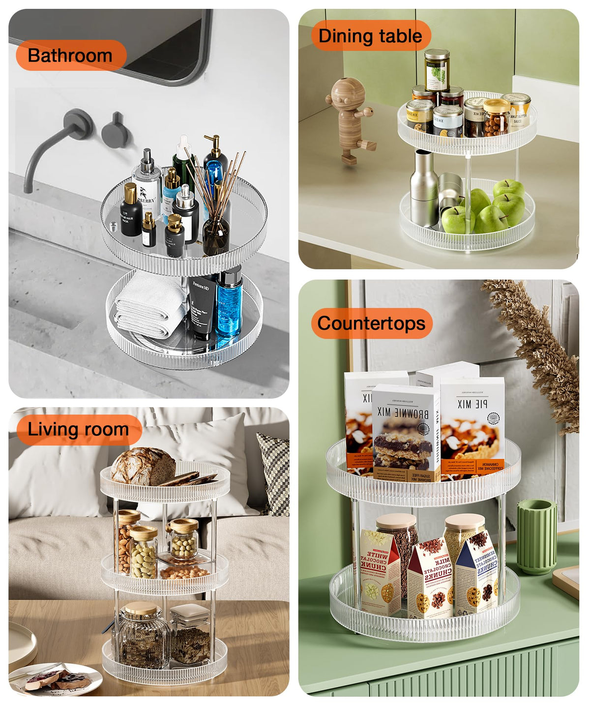 3 Tier Lazy Susan Bathroom Countertop Organizer, 360° Clear Rotating Makeup Cosmetic Perfume Storage Tray, Spinning Vanity Organizer Shelf for Bathroom Cabinet, Dresser, Kitchen(Large)
