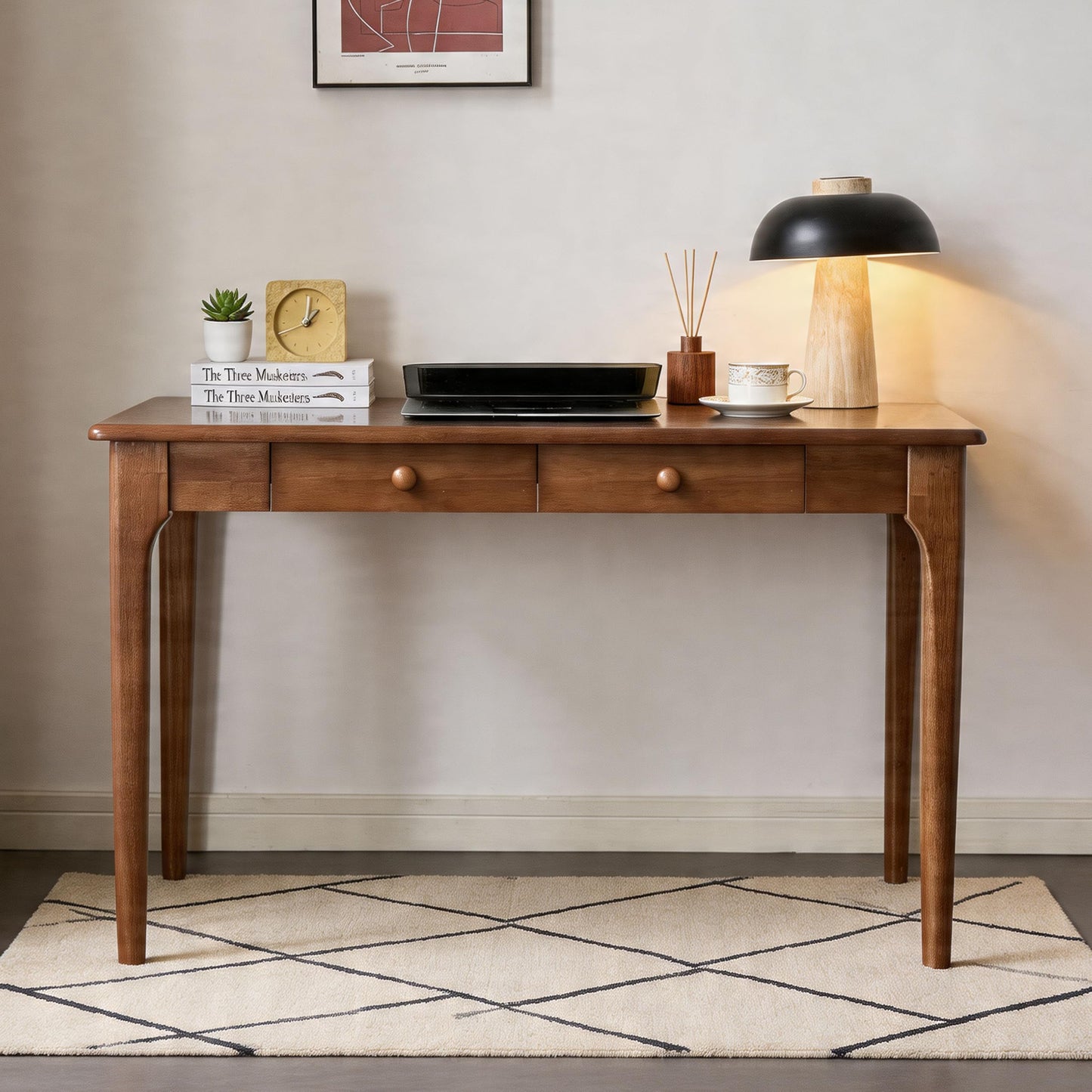 KTVVKTVV Natural Solid Wood Desk with Drawers,Mid Century Modern Real Wood 40" Writing Desk,Home Bedroom Computer Office Workstation Desks,Small Spaces,Walnut Color