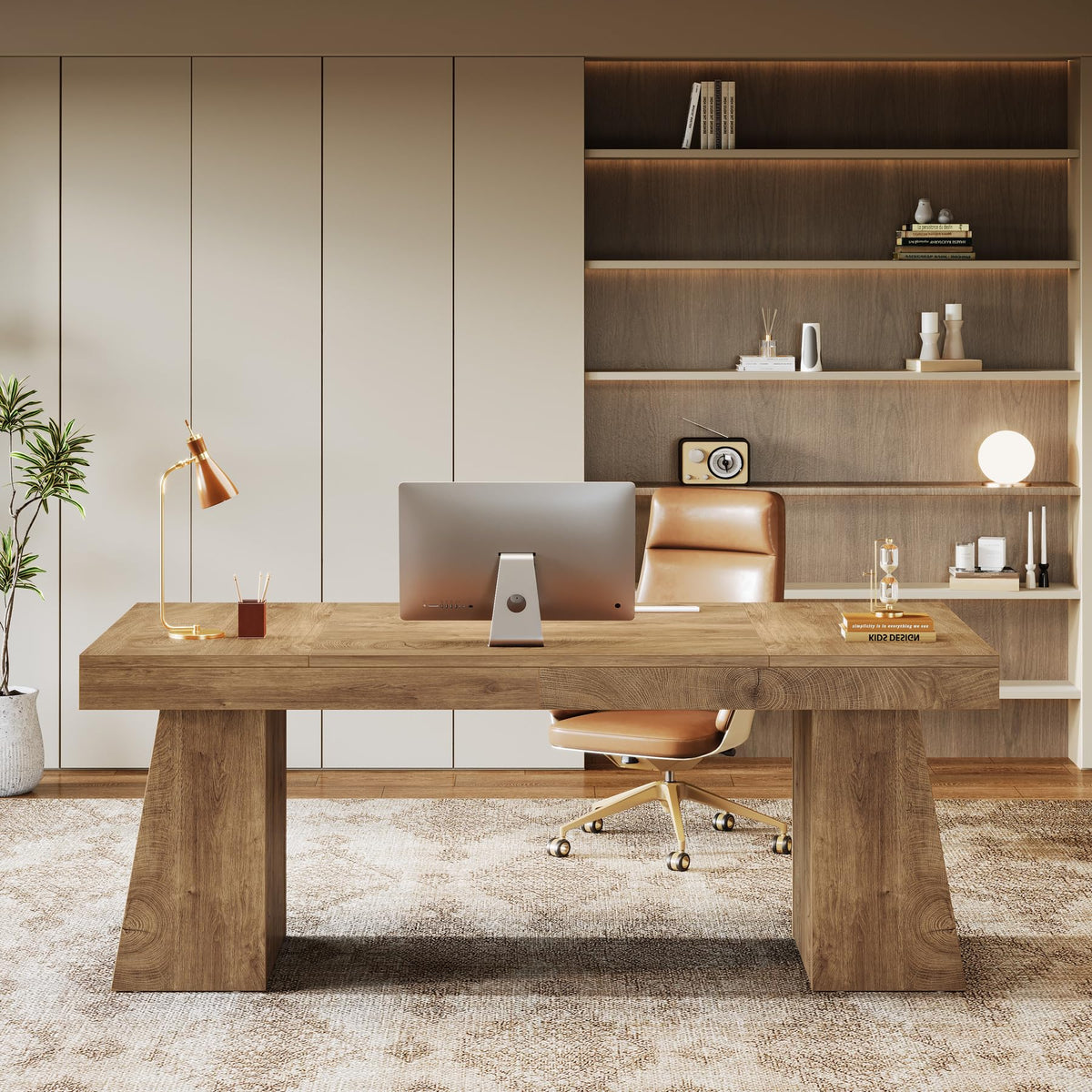 Tribesigns 55-Inch Executive Desk, Thick Wood Office Computer Desk with Double Pedestal, Modern Minimalist Workstations Writing Table Conference Table Furniture for Home Office, Light Brown