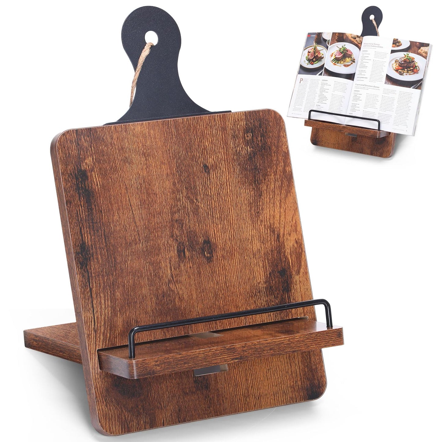 Wenqik Rustic Wooden Cookbook Stand with Charging Slot, Farmhouse Adjustable Recipe Book Holder for Kitchen Counter Tablet Magazine Display, Gifts for Chef Mom Dad Cooking Lover