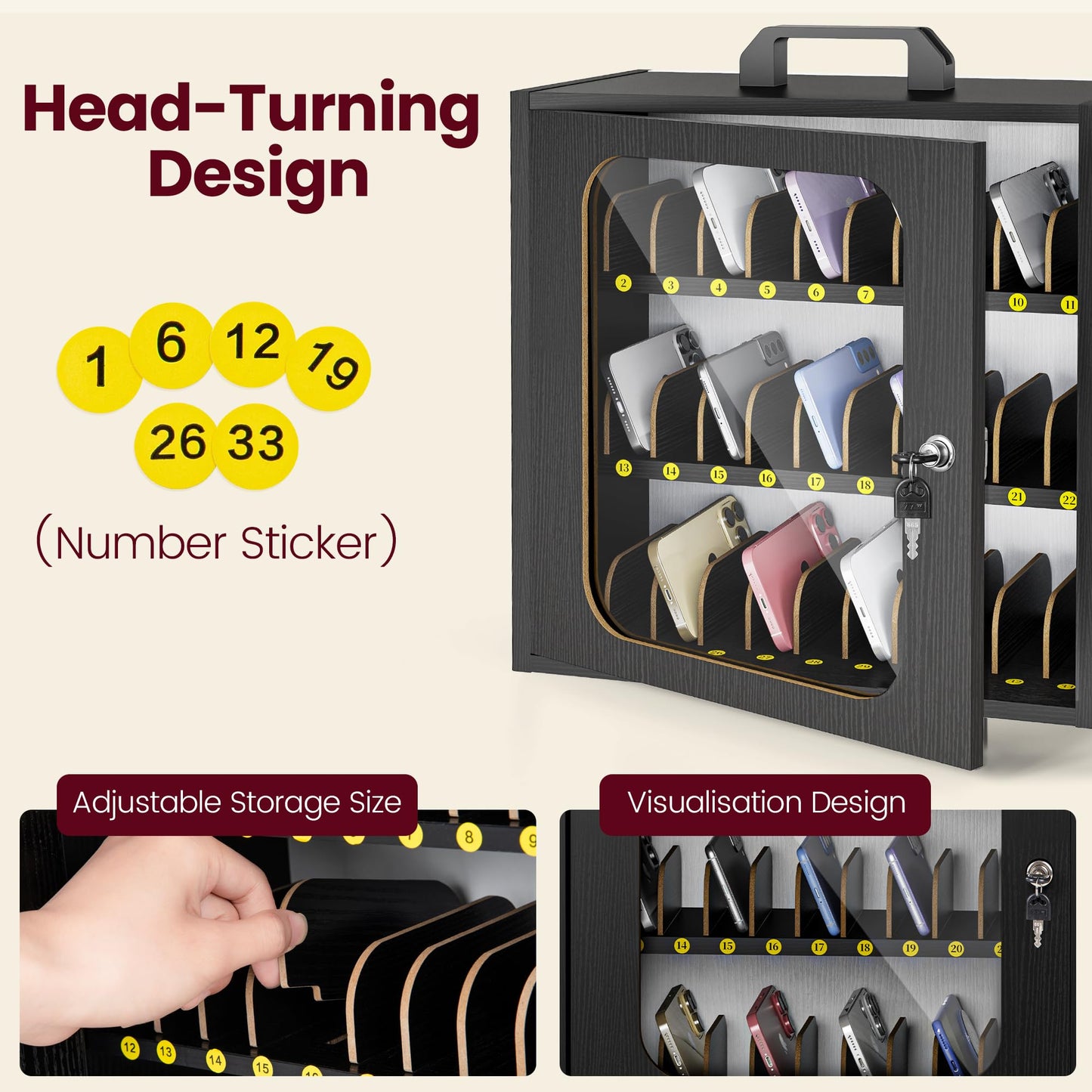 Cell Phone Caddy for Classroom, Adjustable 33 Slots Phone Locker Box for School Home Office Management Easy Assembly Wooden Cellphone Storage Cabinet for Teacher