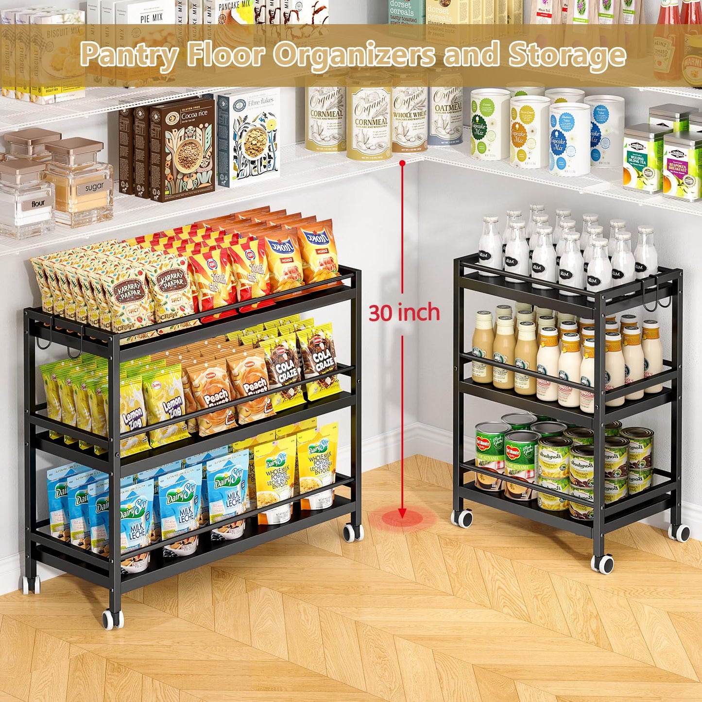 3-Tier Expandable Rolling Pantry Organizers and Storage Cart with Wheels, Adjustable Pantry Floor Organizer, Snack Cart for Pantry, Kitchen Storage Cart with 4 Hooks for Snack, Food, Vegetables