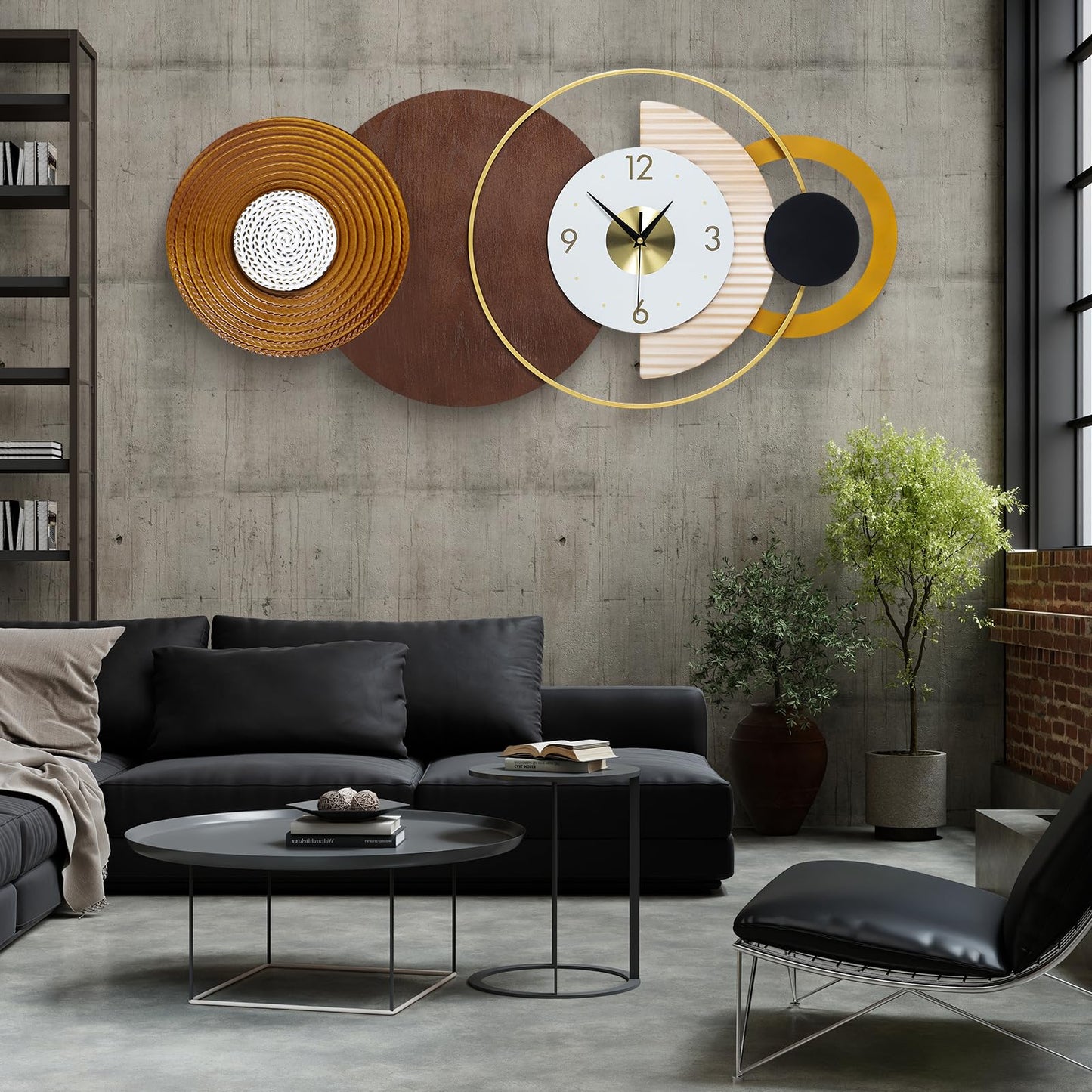 Anmotpe 47.2x22.8 inch Large Mid Century Wall Clock for Living Room, Metal & Wood Modern Brown Decorative Clocks Silent Battery Operated for Home, Office, Bedroom, Dining