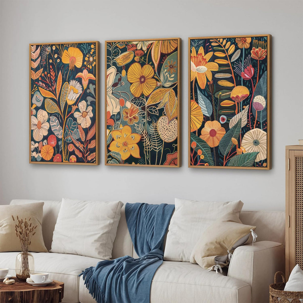 SIGNINART Orange Floral Framed Canvas Wall Art Set of 3, Mid Century Modern Flower Wall Decor, Neutral Plant Artwork, Boho Botanical Art Prints for Bedroom Living Room Office 16"x24"x3