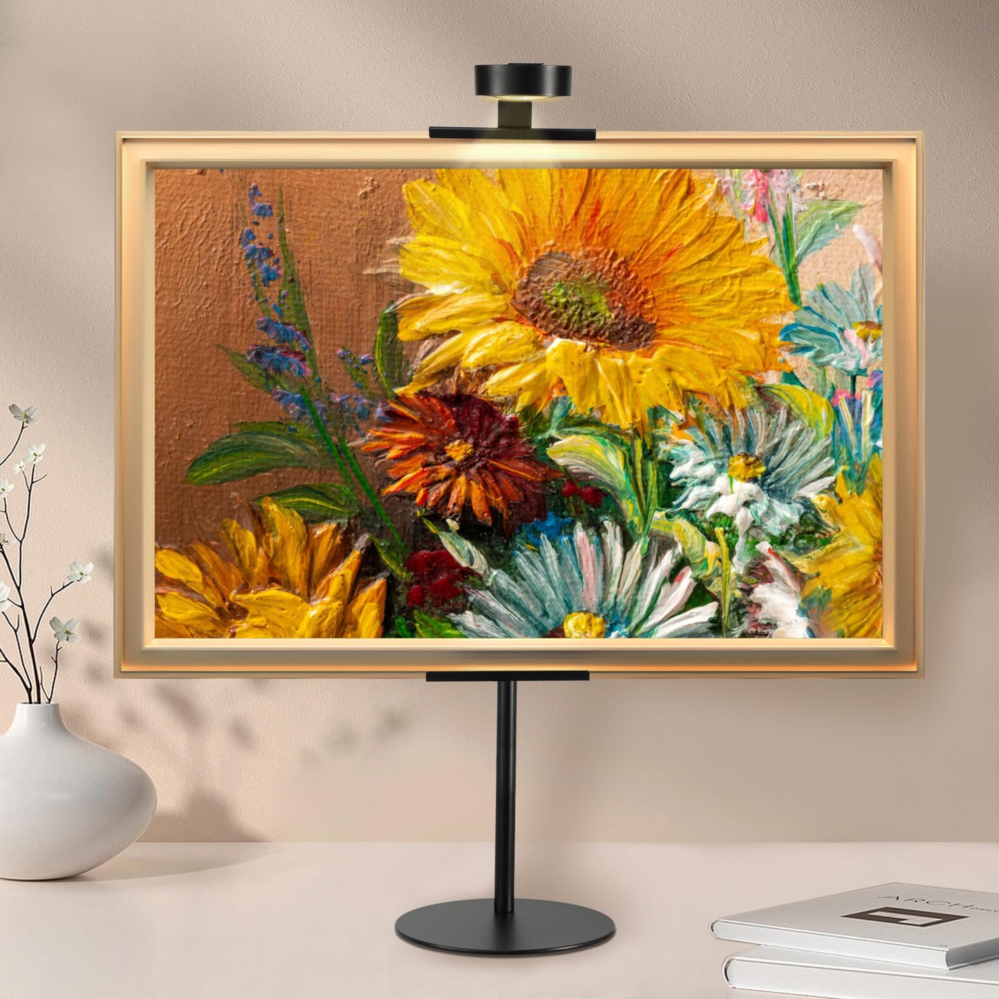 Adjustable Desktop Photo Frame Stand with Magnetic Wall Painting Light, Holds Picture Frames up to 30 Inch,with Rechargeable Battery,Metal Vertical Stand with 3 Color Temperature & 13RGB Poster Lights, for Displaying Picture Frames, Artworks (1 Pack,Black