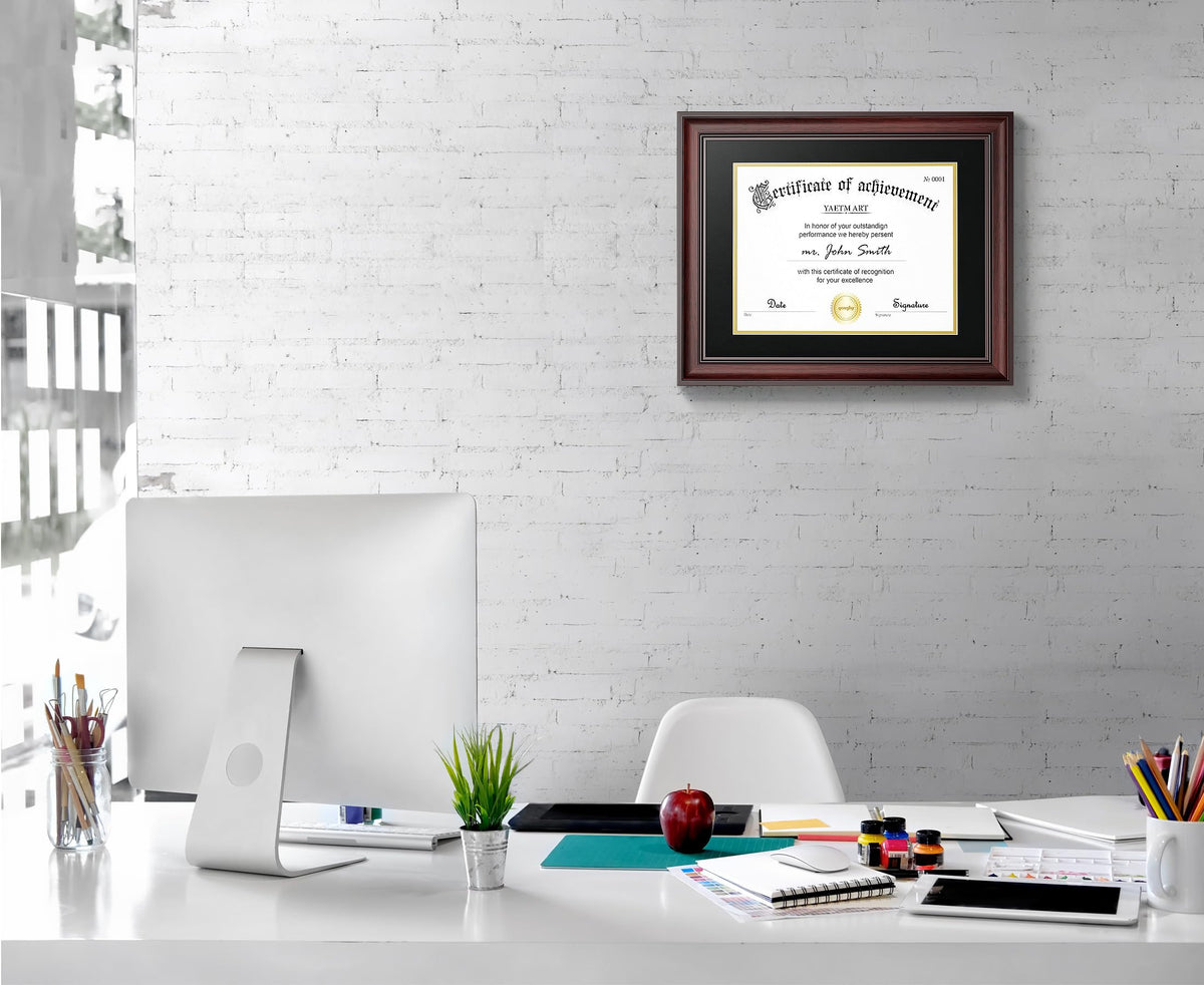 Yaetm 11x14 Diploma Frame, Certificate Frame with Tempered Glass, Display 8.5x11 Document with Black Over Gold Acid-free Mat or 11 x 14 without Mat, Wide Molding (Single, Mahogany)