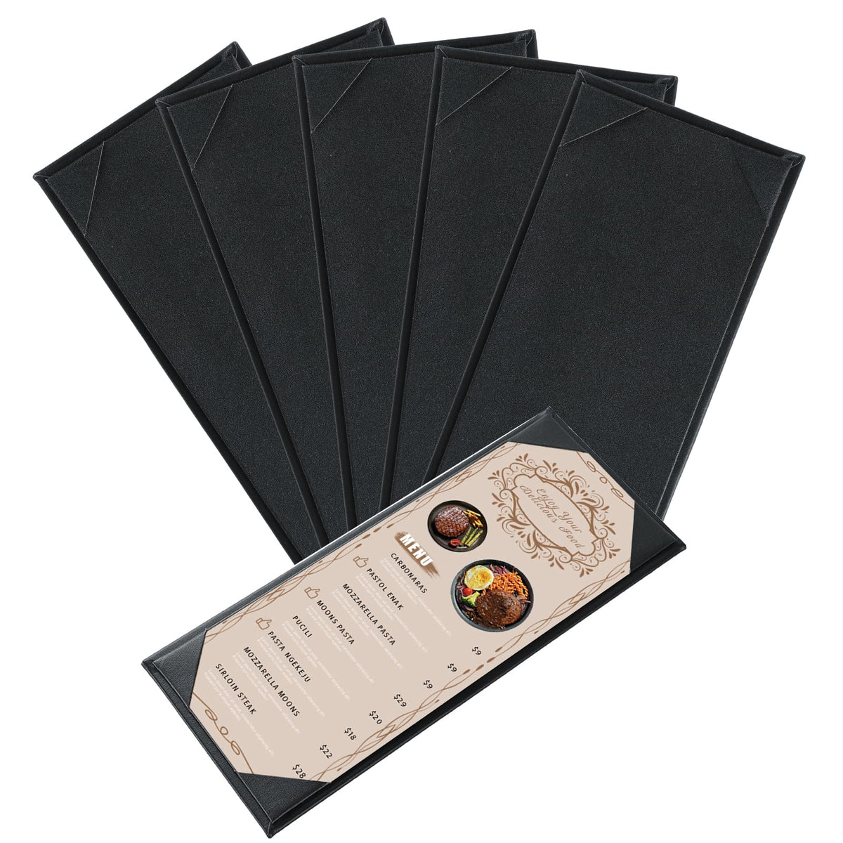 FLKQC Menu Covers 4.25" x 11" – 5 Pack 1 View Black PU Leather Restaurant Menu Holders, Single Panel with Angled Corners for Food Menus, Wine Lists & Drink Specials & Cocktail, Perfect for Parties