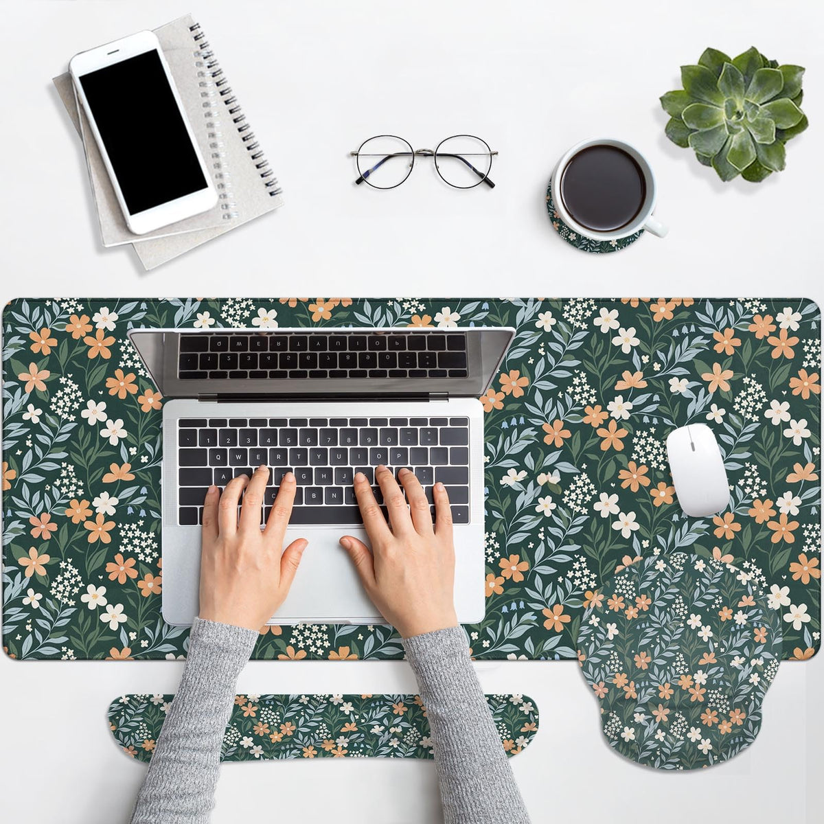 Britimes Green Florals Keyboard Mouse Pad Set Vintage Flower 4in1 Large Mousepad+Keyboard Wrist Rest+Mouse Wrist Rest+Coaster Ergonomic Design for Home Office Computer 35.4x15.7 inches
