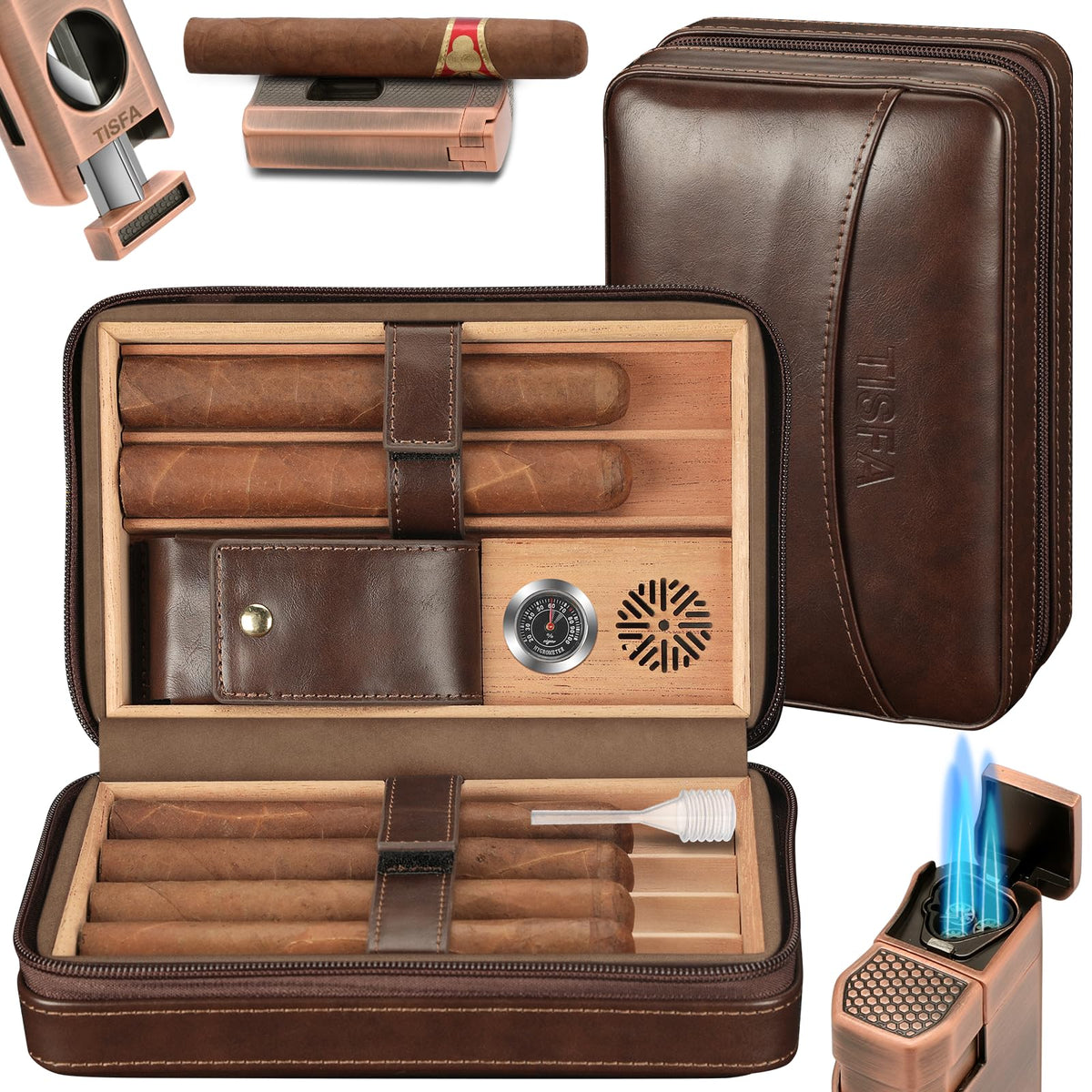 TISFA Cigar Humidor, Leather Cigar Case with Cigar Lighter, Cigar Cutter V Cut, Cigar Stand 3 in 1, Portable Travel Humidor with Humidifier, Cigar Gift Cedar Wood Cigar Box (Dark Brown)
