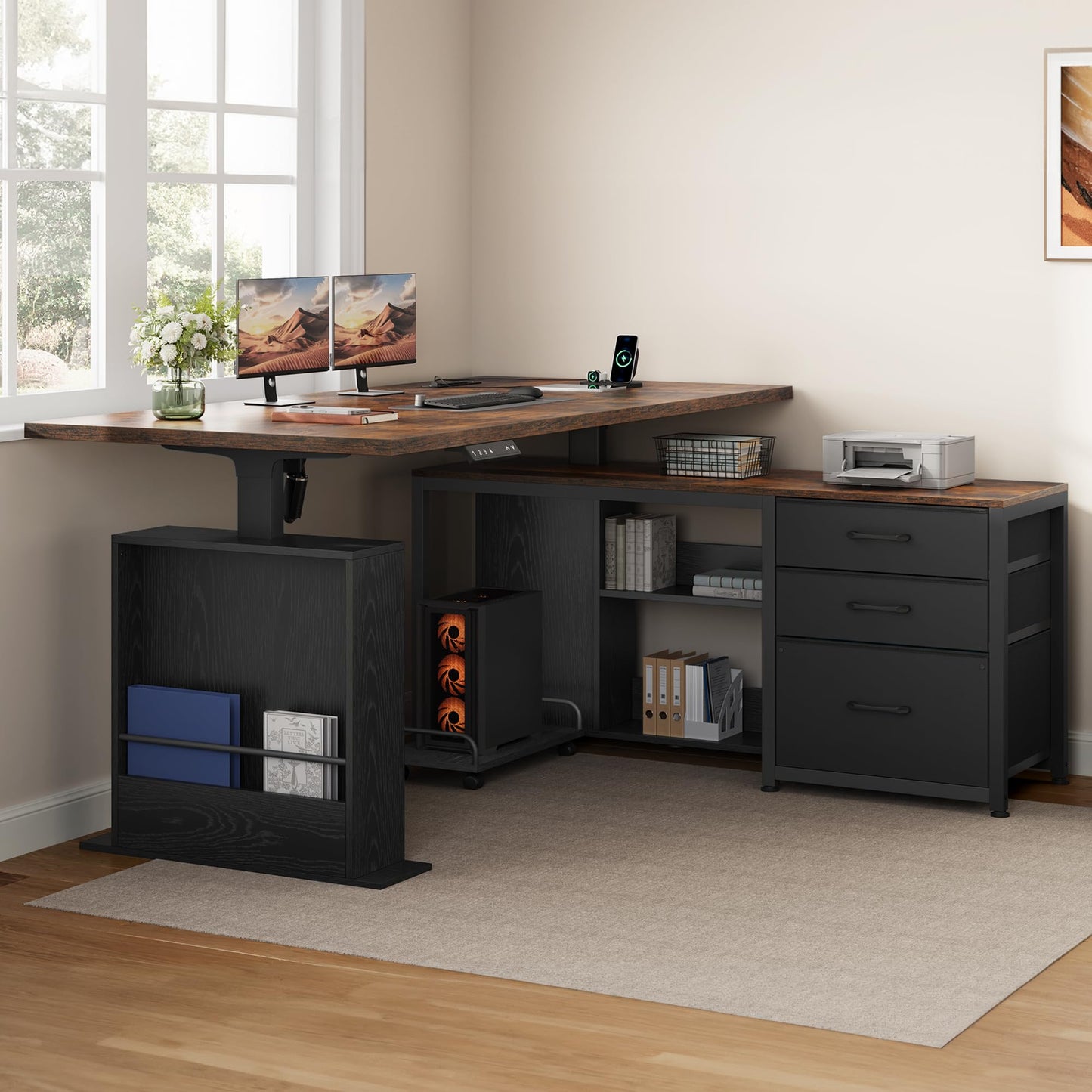 Homiflex 63 Inch L Shaped Desk with 3 Drawers Electric Standing Desks with Storage Computer Table Adjustable Height with Power Outlets 4 Memory Presets for Home Office, Rustic Brown