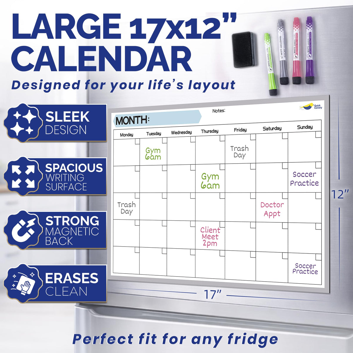 Monthly Magnetic Calendar for Refrigerator - 17x12” Stain-Resistant Dry Erase Fridge Calendar Whiteboard with Large Writing Space for Schedules, Chores & Meals - With 4 Markers & Eraser - Monday Start